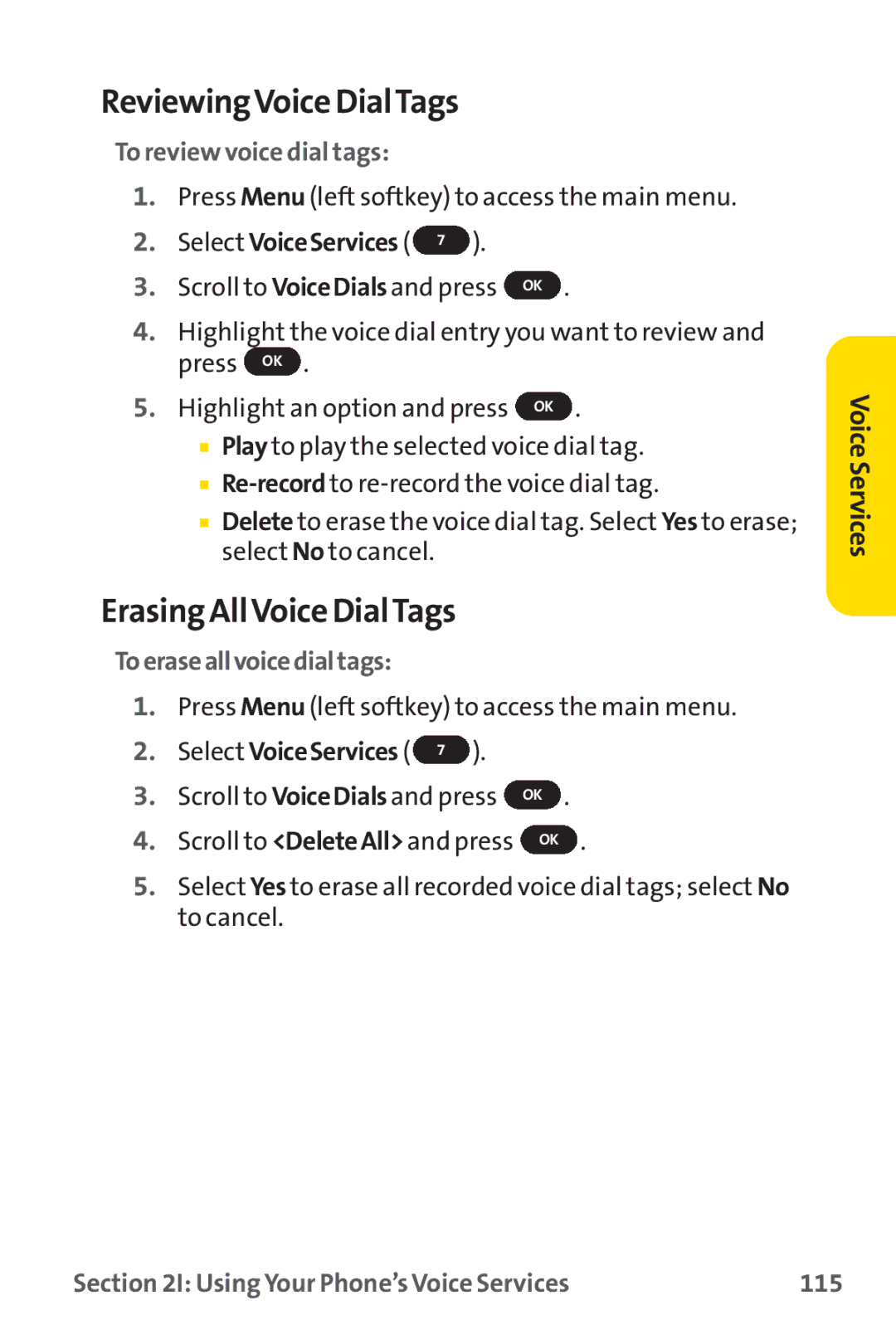 Sprint Nextel PM-225 manual ReviewingVoice DialTags, Erasing AllVoice DialTags, To review voice dial tags 