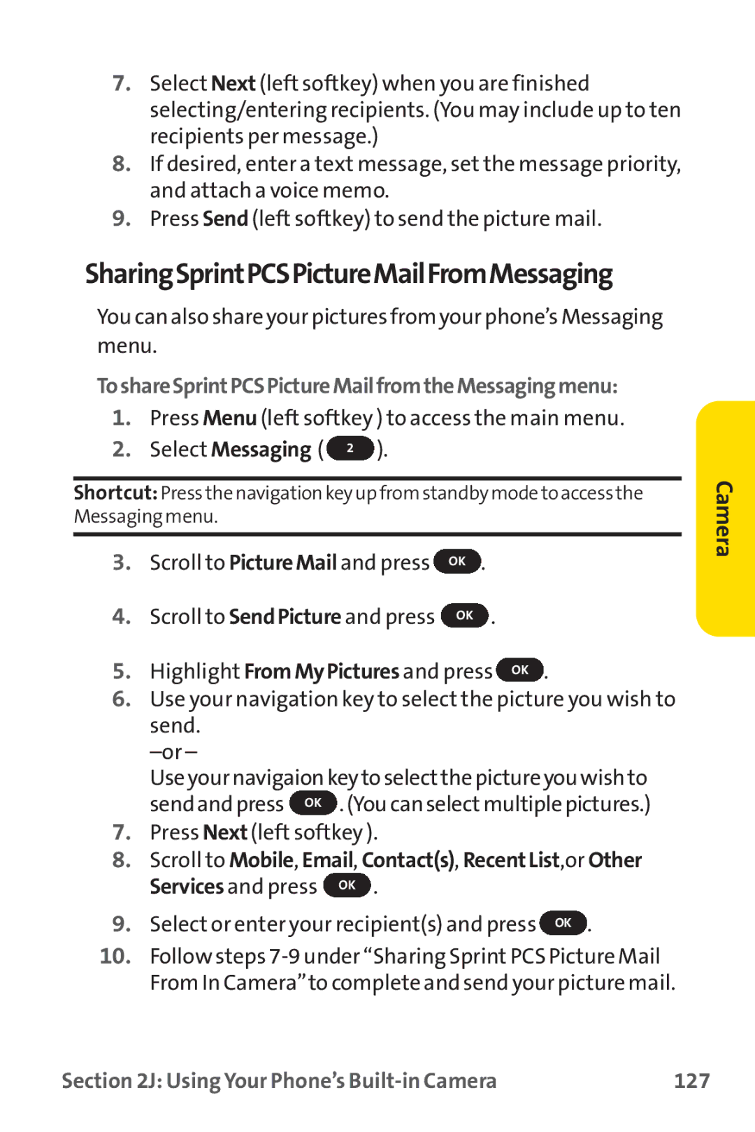 Sprint Nextel PM-225 manual ToshareSprintPCSPictureMailfromtheMessagingmenu, Using Your Phone’s Built-in Camera 127 