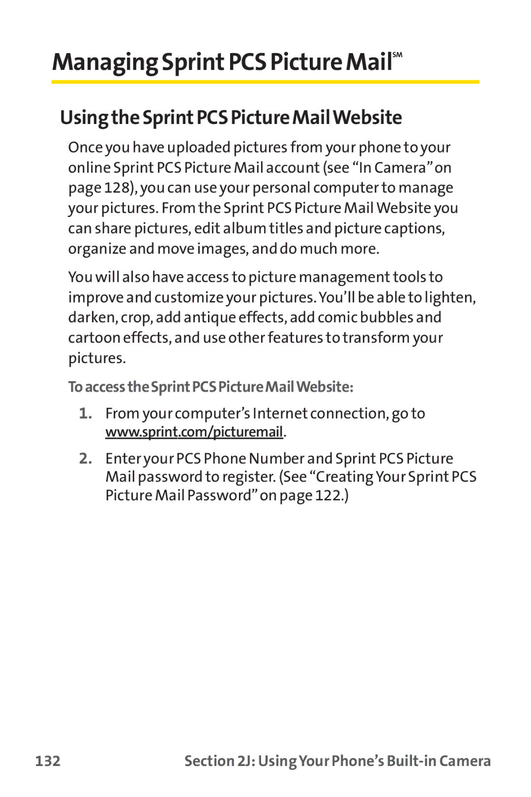 Sprint Nextel PM-225 manual Managing SprintPCS Picture MailSM, Using the SprintPCS Picture MailWebsite, 132 