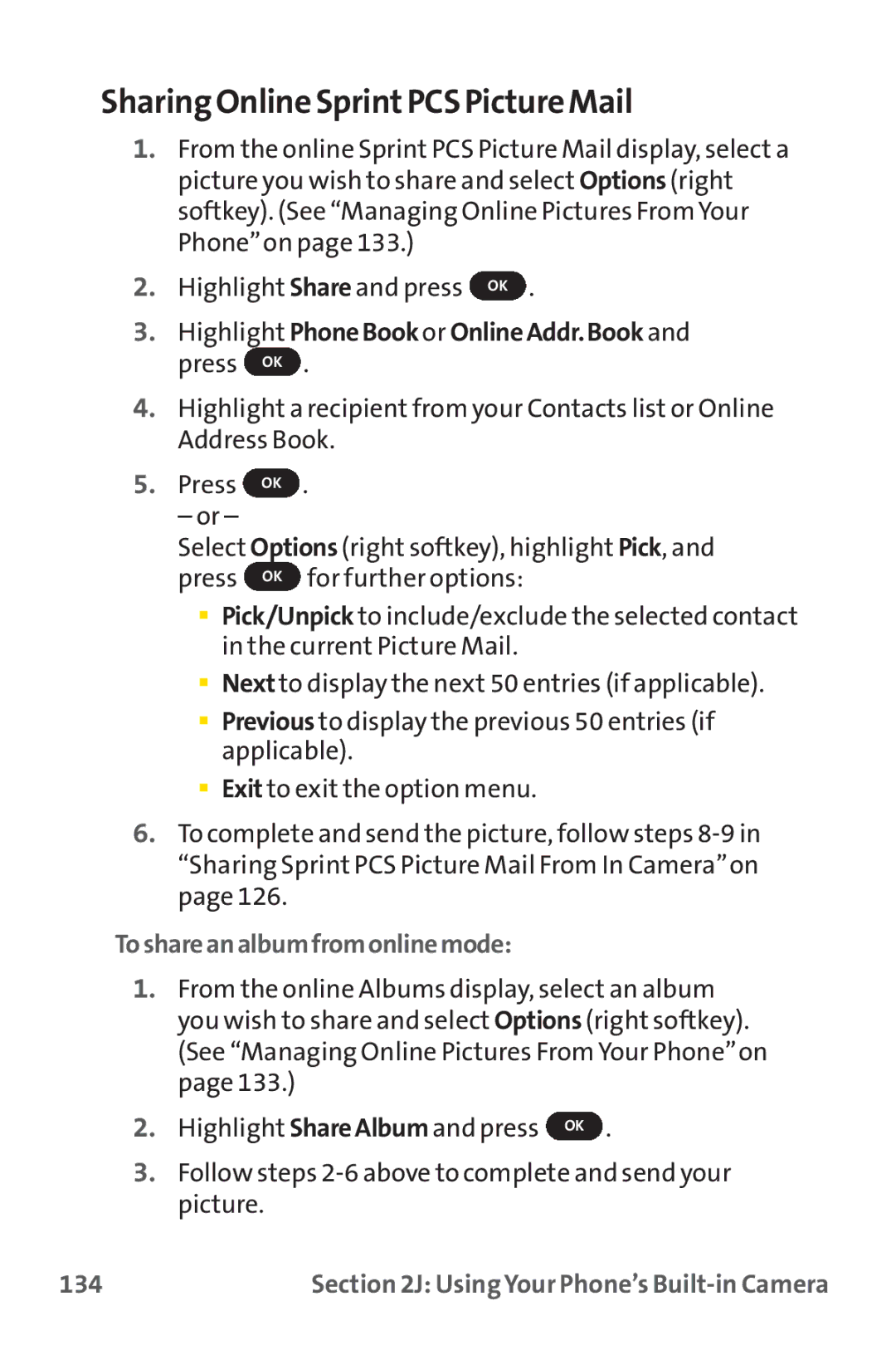 Sprint Nextel PM-225 manual Sharing Online SprintPCS Picture Mail, Highlight PhoneBook or OnlineAddr.Book and press OK, 134 