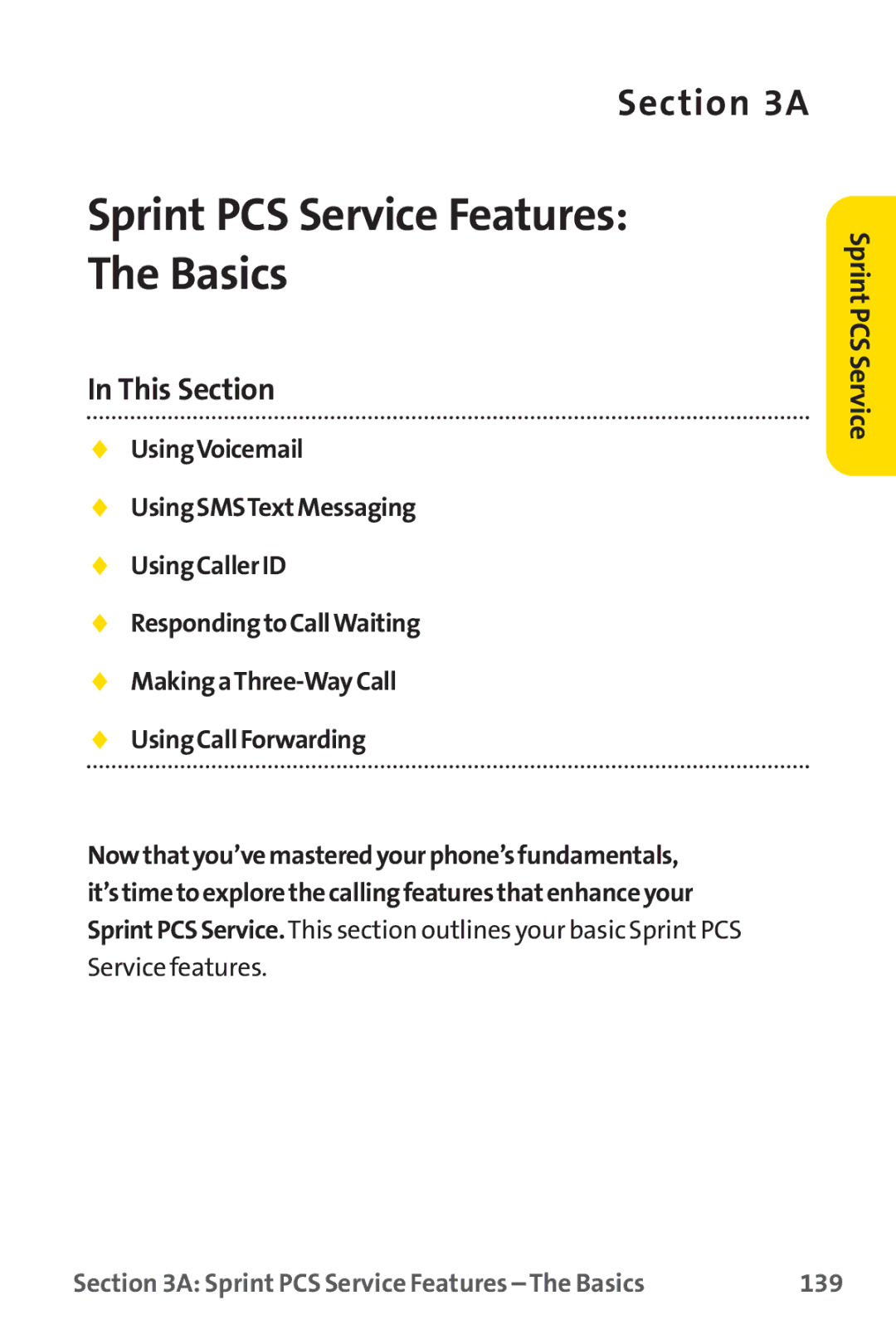 Sprint Nextel PM-225 manual Sprint PCS Service Features Basics, 139 