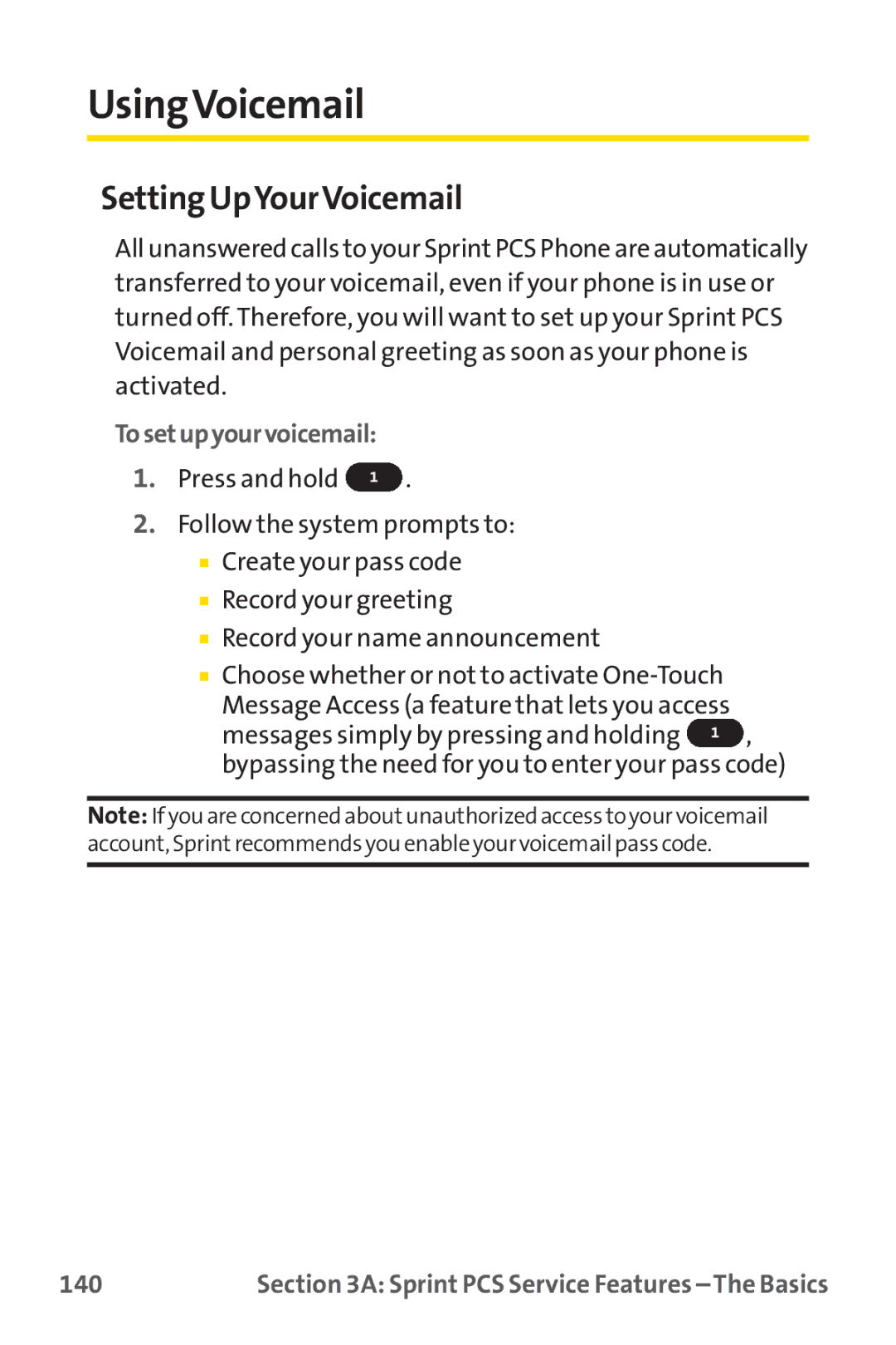 Sprint Nextel PM-225 manual UsingVoicemail, Setting UpYourVoicemail, 140 