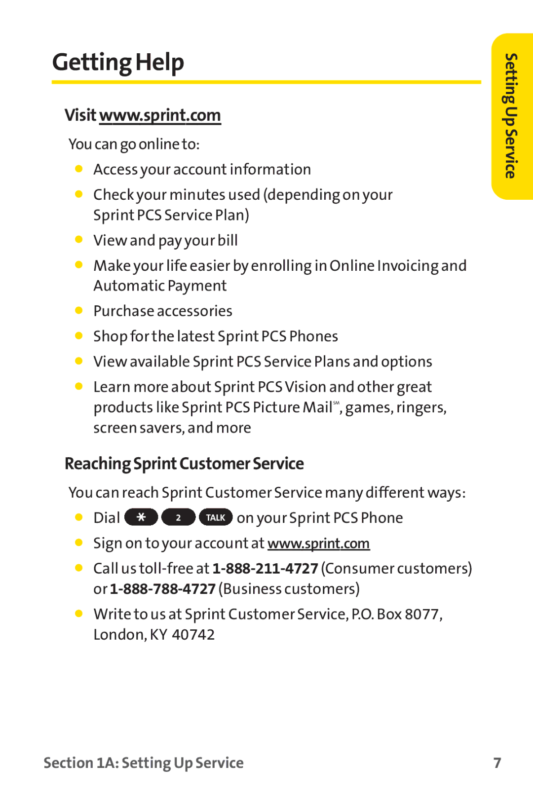 Sprint Nextel PM-225 manual Getting Help, ReachingSprintCustomerService 