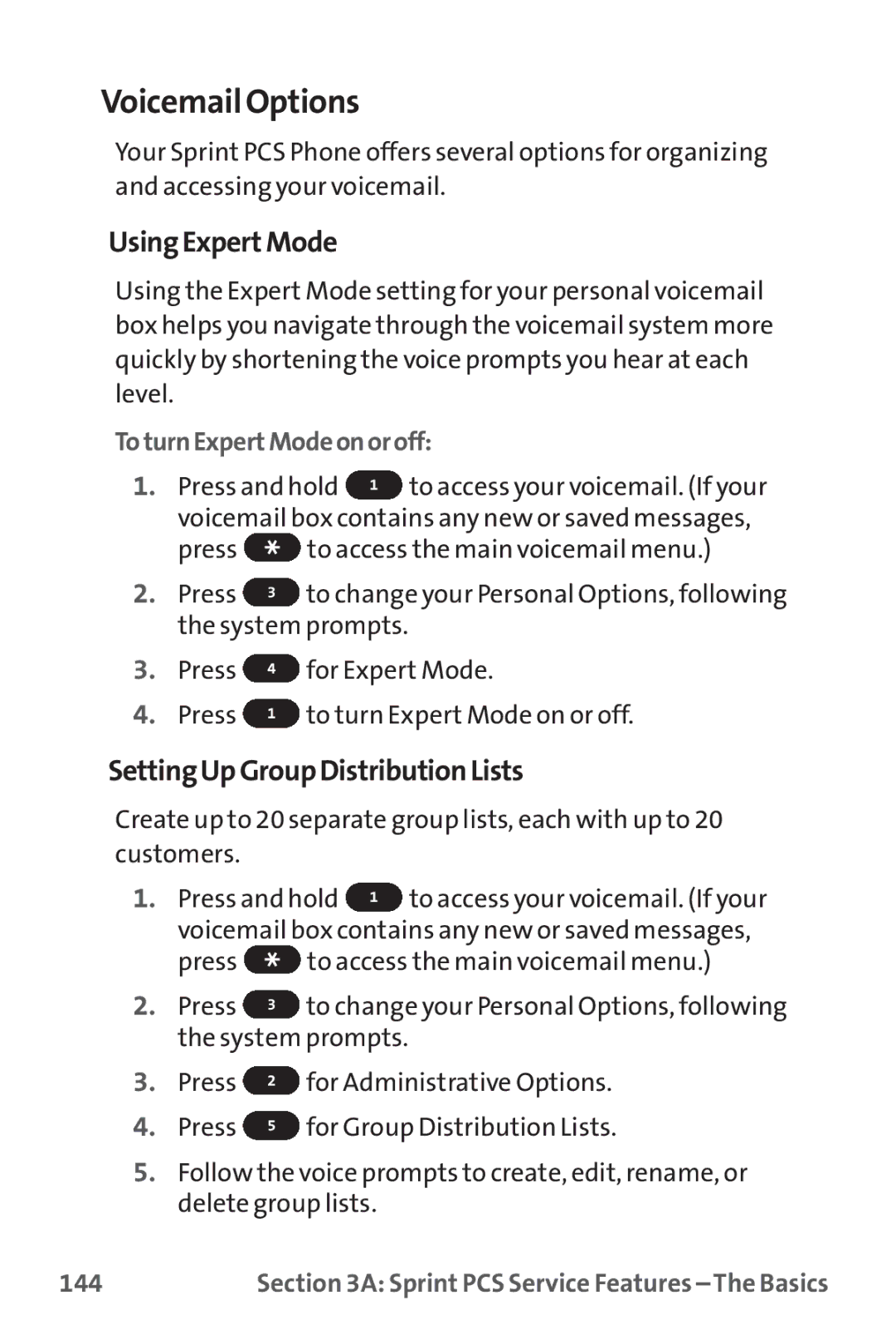 Sprint Nextel PM-225 Voicemail Options, UsingExpertMode, SettingUpGroupDistributionLists, ToturnExpertModeonoroff, 144 