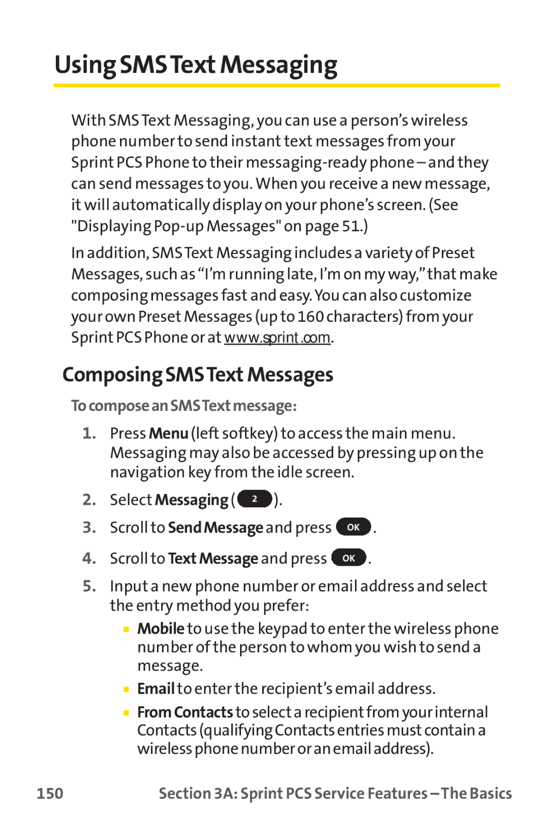 Sprint Nextel PM-225 manual Using SMSTextMessaging, Composing SMSTextMessages, TocomposeanSMSTextmessage, 150 