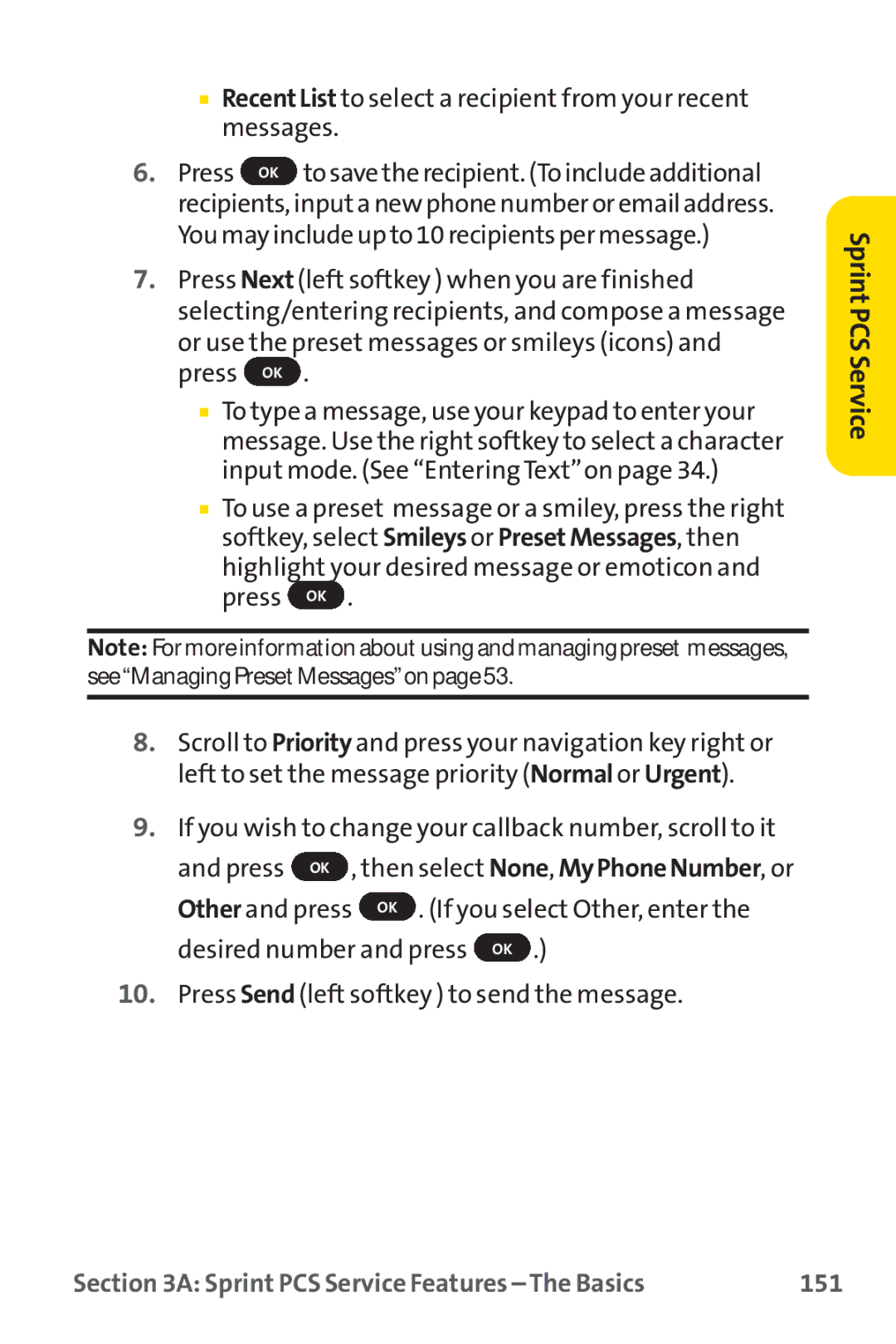 Sprint Nextel PM-225 manual RecentList to select a recipient from your recent messages, 151 