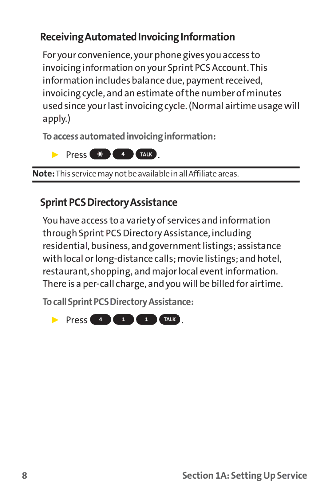 Sprint Nextel PM-225 manual ReceivingAutomatedInvoicingInformation, SprintPCSDirectoryAssistance, Press 