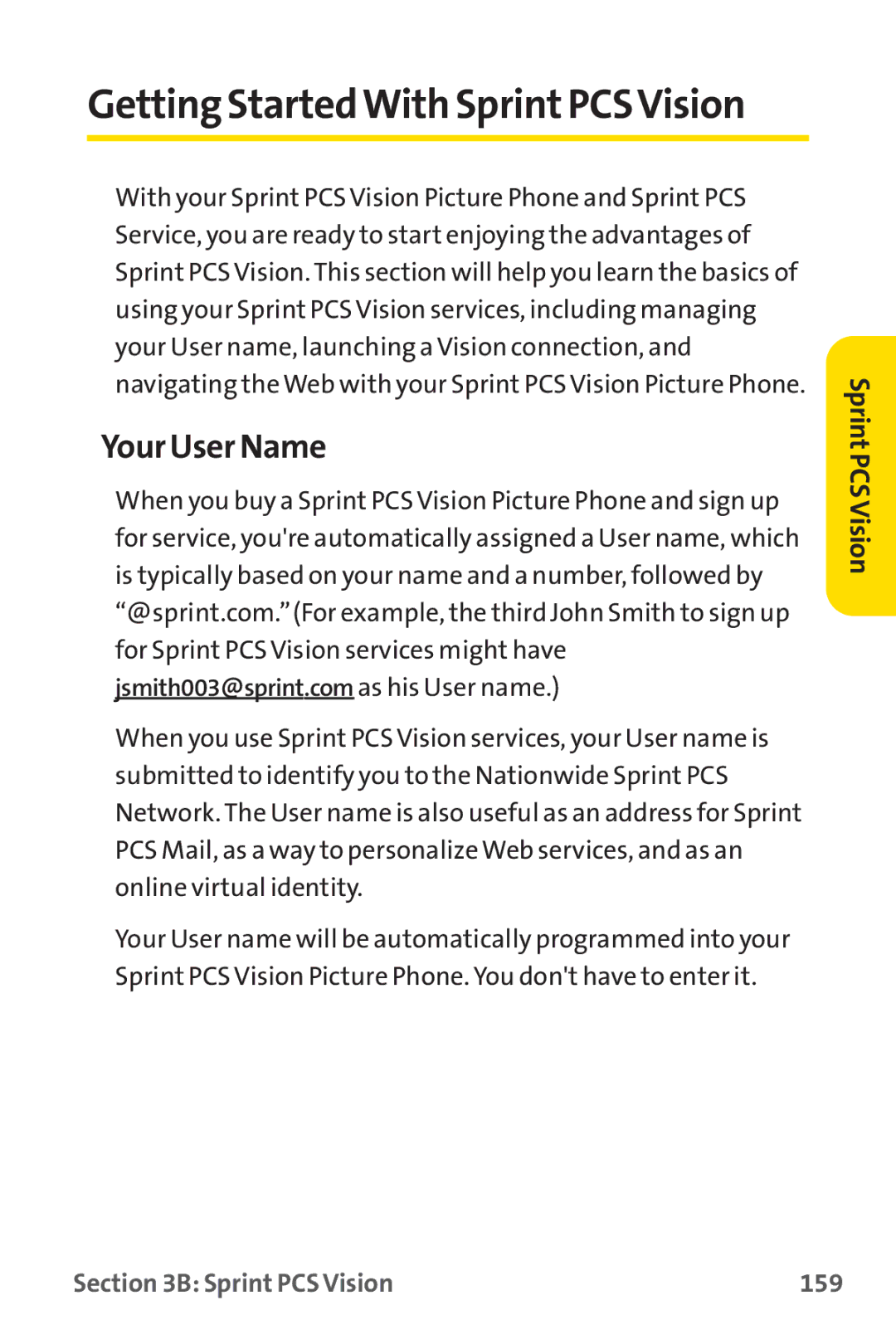 Sprint Nextel PM-225 manual Getting StartedWith SprintPCSVision, Your User Name, Sprint PCS Vision 159 