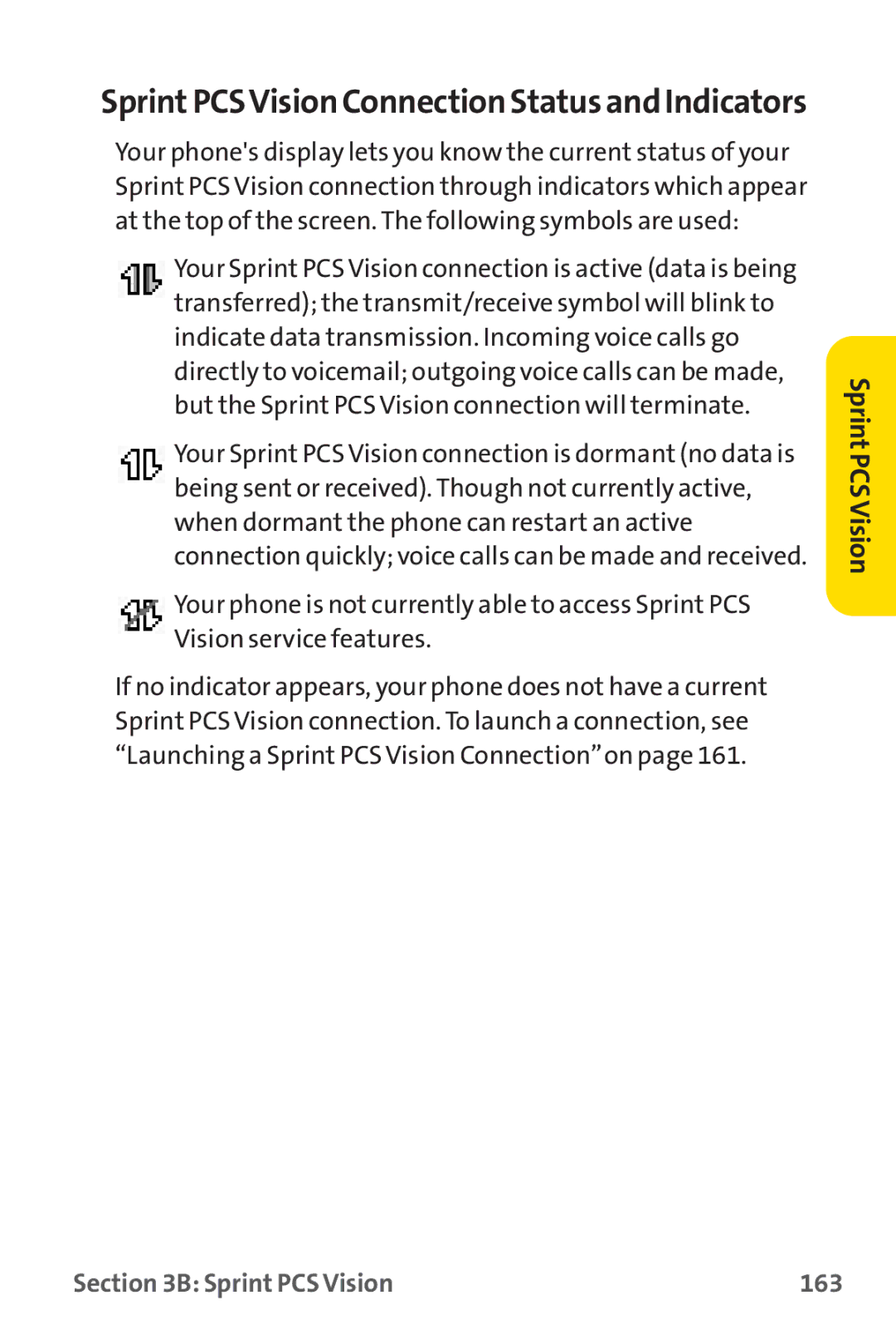 Sprint Nextel PM-225 manual SprintPCSVision Connection Status and Indicators, Sprint PCS Vision 163 