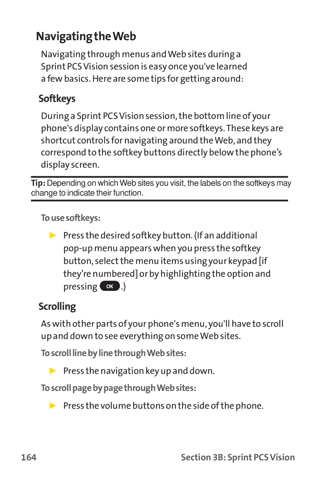 Sprint Nextel PM-225 manual Navigating theWeb, Softkeys, Scrolling 