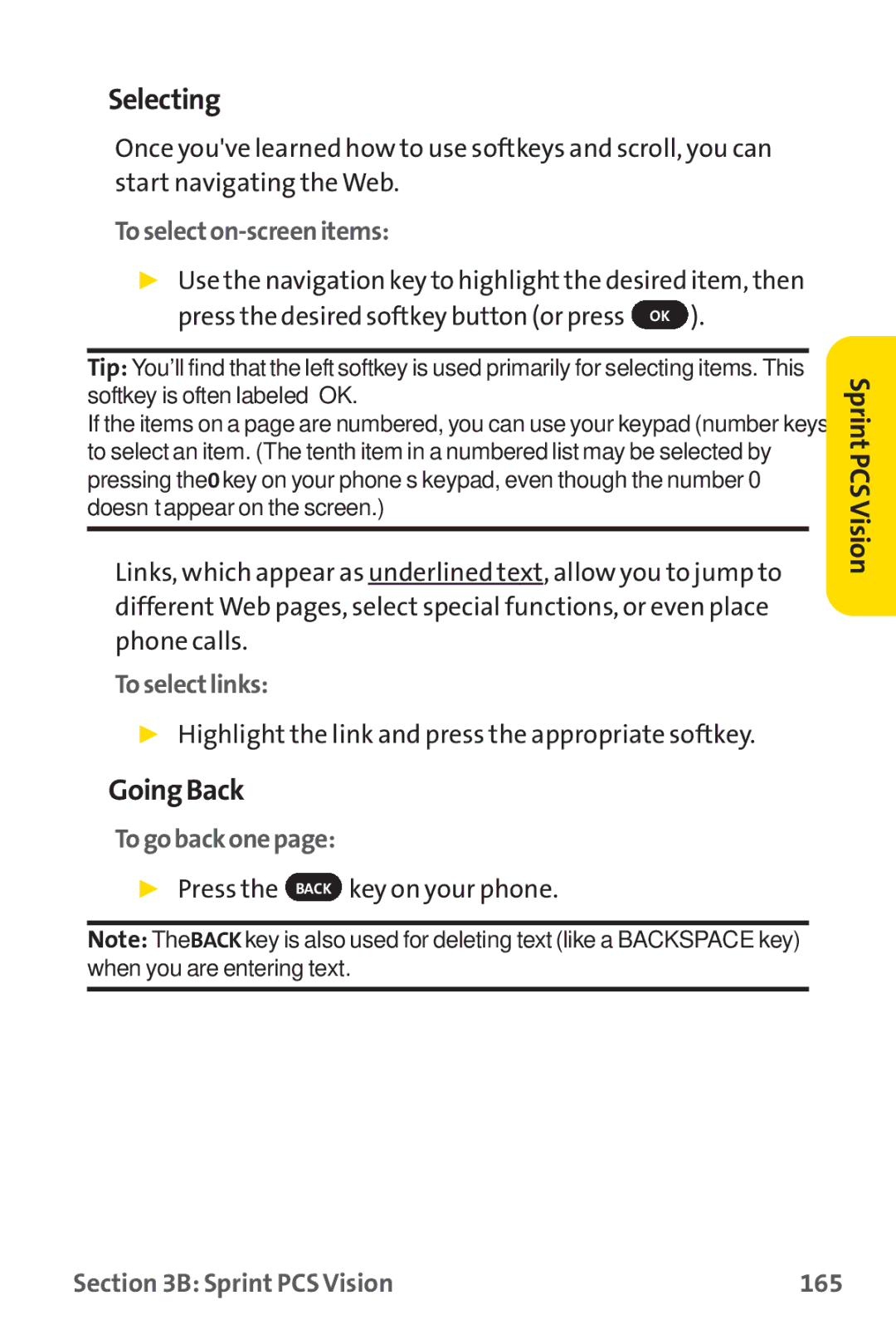 Sprint Nextel PM-225 manual Selecting, GoingBack 