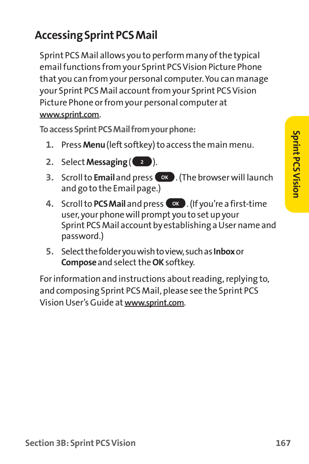 Sprint Nextel PM-225 manual Accessing SprintPCS Mail, ToaccessSprintPCSMailfromyourphone, Sprint PCS Vision 167 