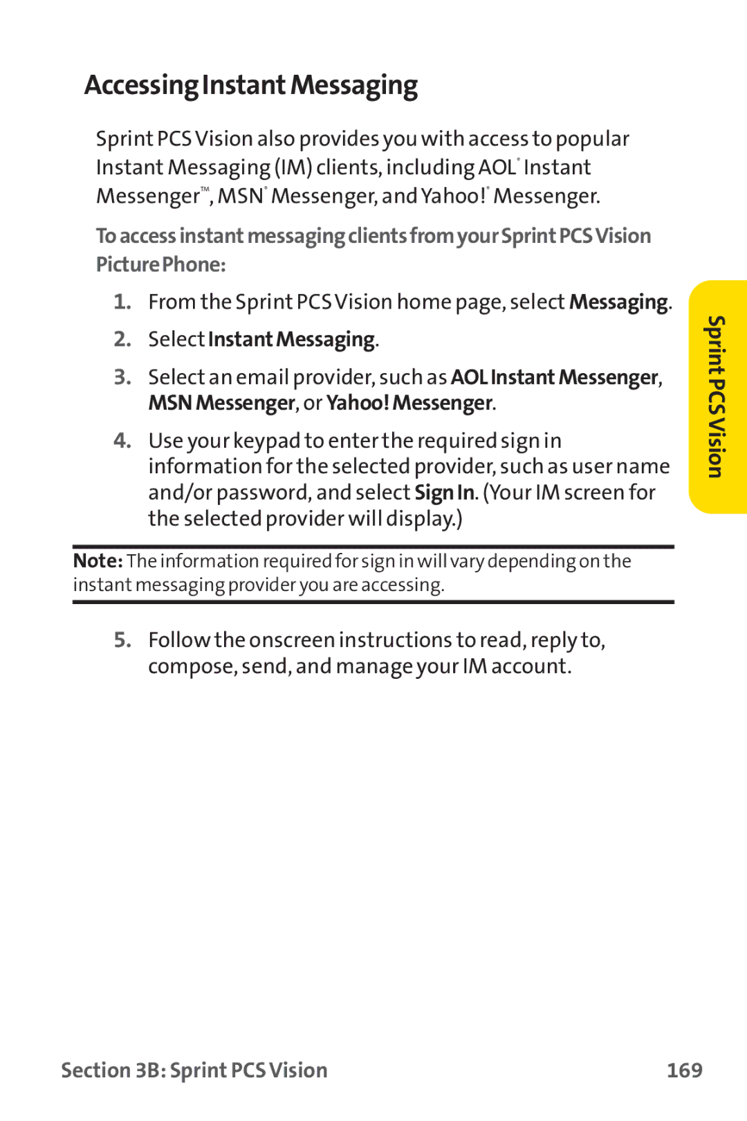 Sprint Nextel PM-225 manual AccessingInstantMessaging, Select InstantMessaging, Sprint PCS Vision 169 