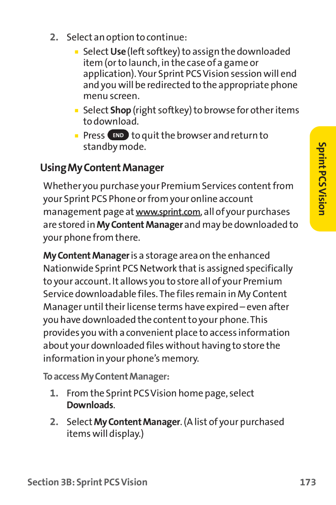 Sprint Nextel PM-225 manual UsingMyContentManager, ToaccessMyContentManager, Sprint PCS Vision 173 