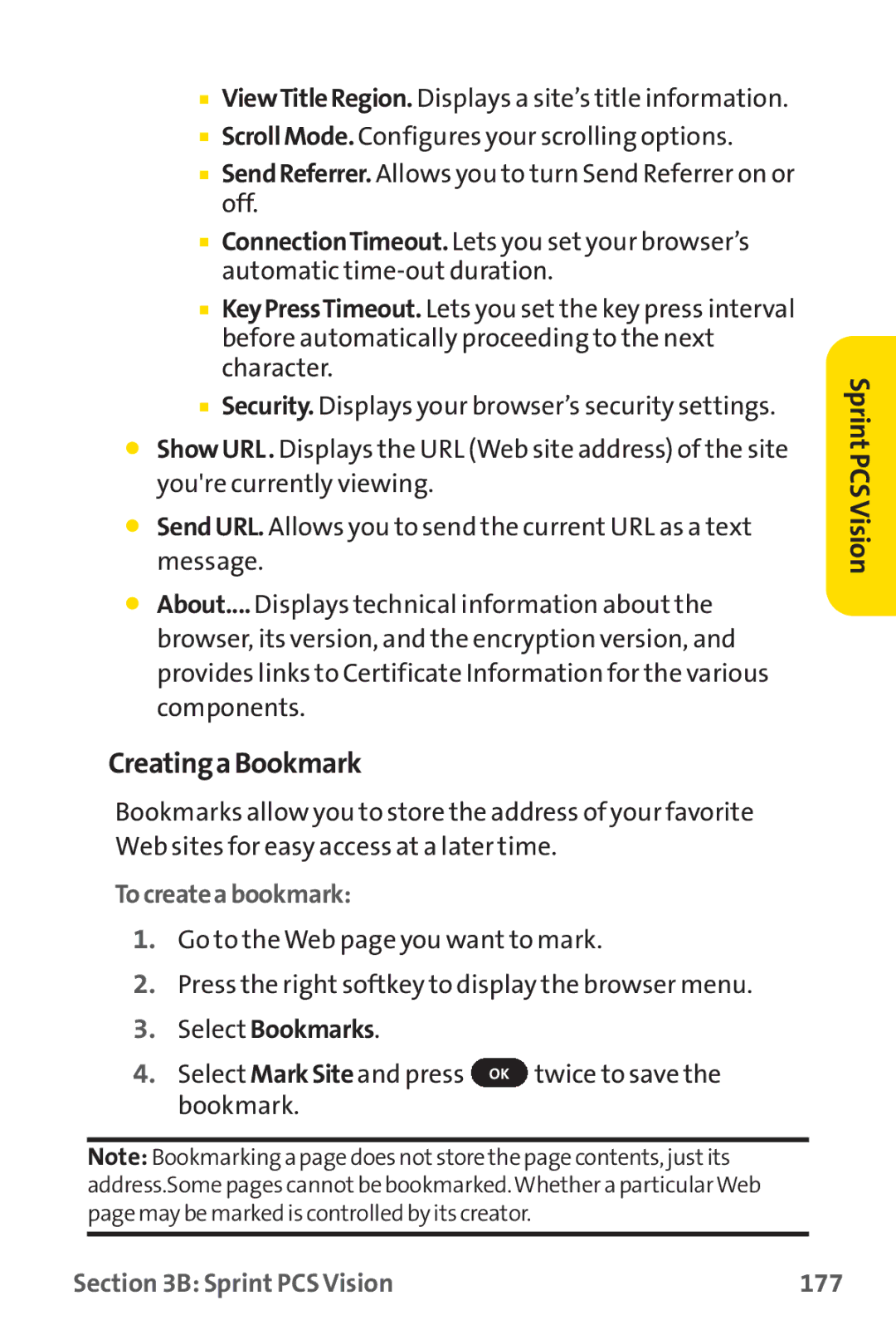 Sprint Nextel PM-225 manual CreatingaBookmark, Tocreateabookmark, Select Bookmarks, Sprint PCS Vision 177 