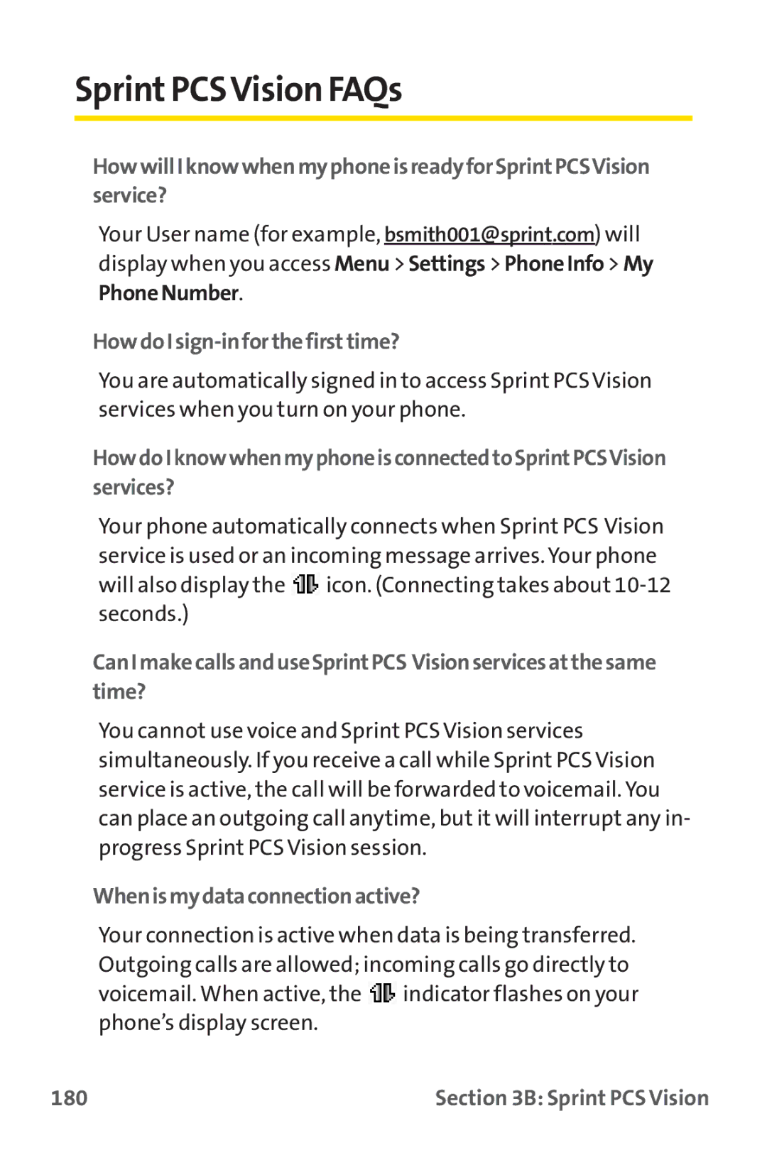 Sprint Nextel PM-225 manual SprintPCSVision FAQs, HowdoIsign-inforthefirsttime?, Whenismydataconnectionactive?, 180 