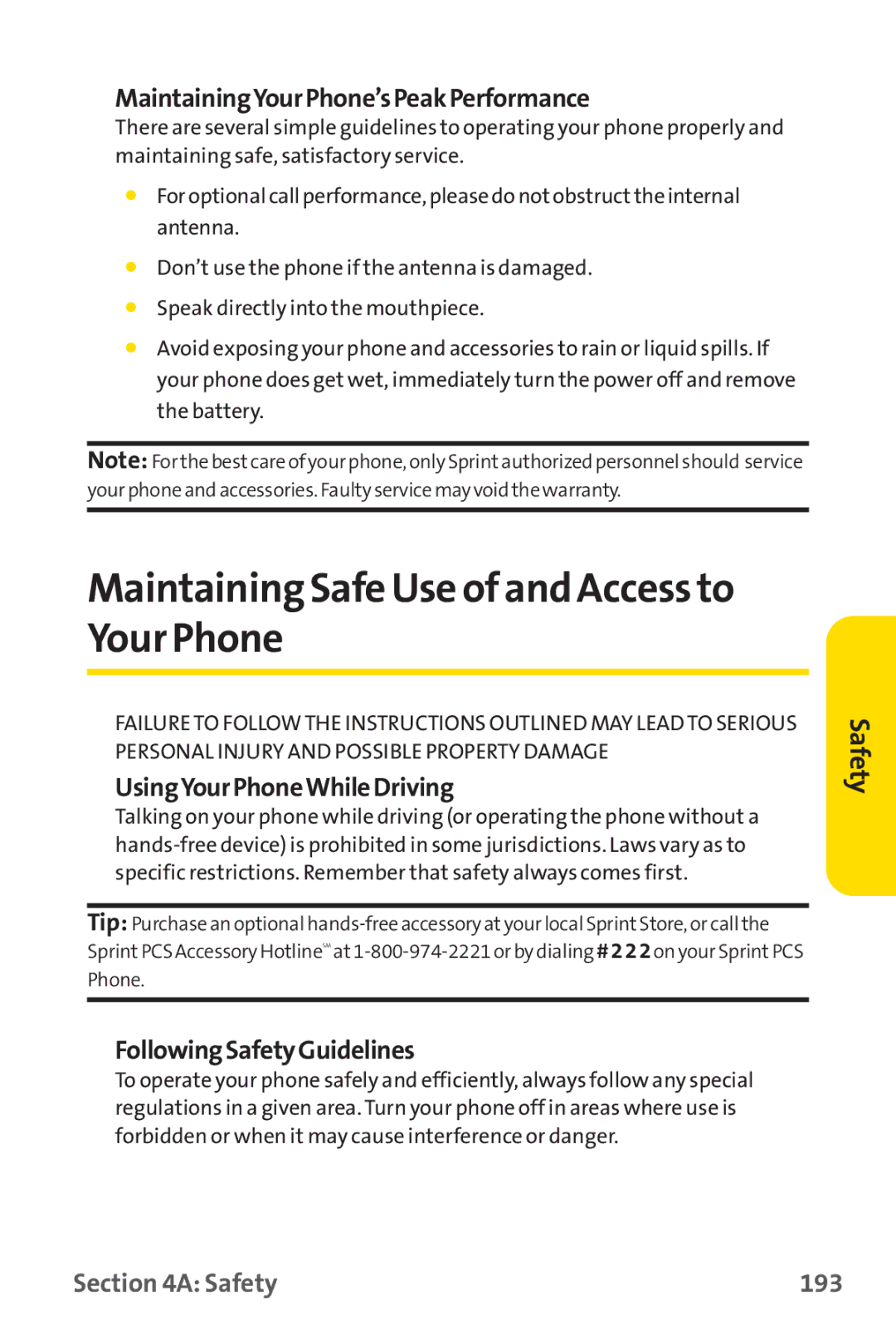 Sprint Nextel PM-225 Maintaining Safe Use of and Access to Your Phone, MaintainingYourPhone’sPeakPerformance, Safety 193 