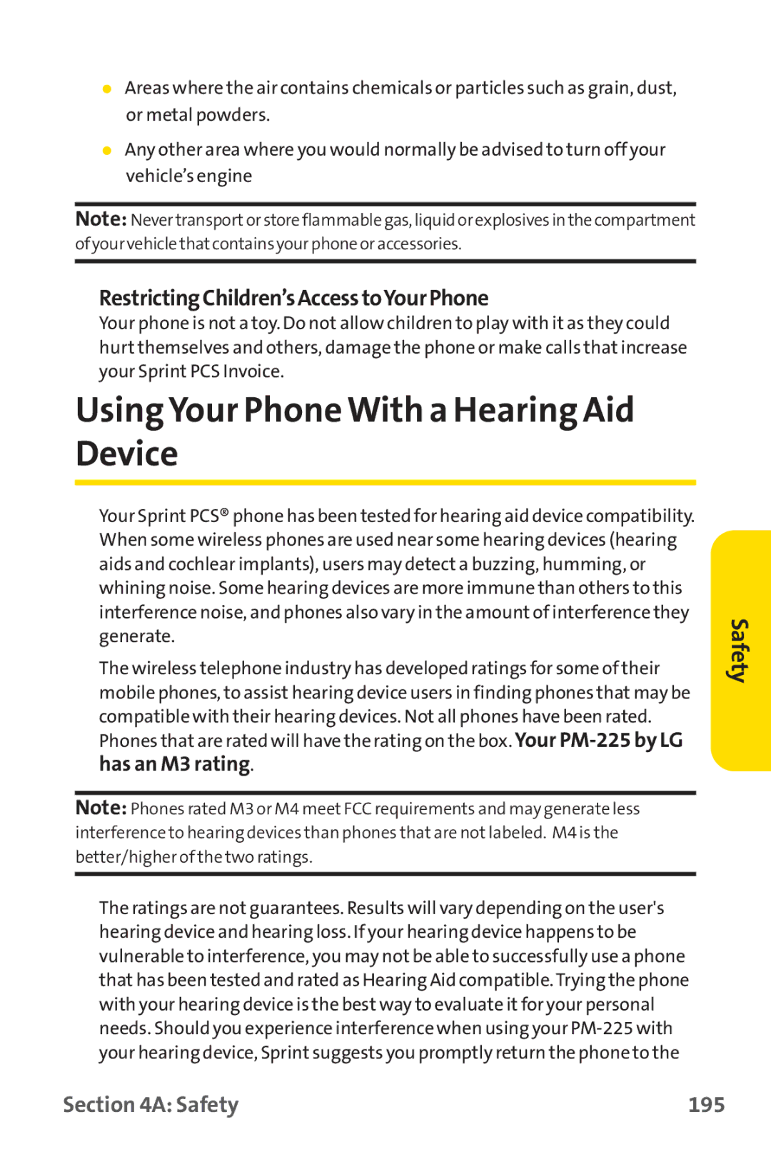 Sprint Nextel PM-225 Using Your Phone With a Hearing Aid Device, RestrictingChildren’sAccesstoYourPhone, Has an M3 rating 