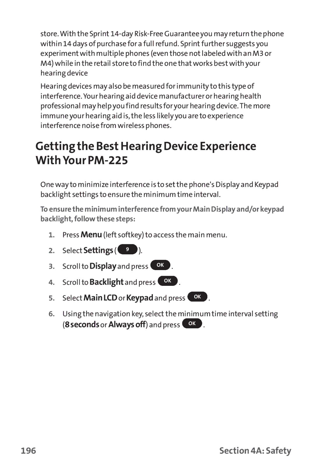 Sprint Nextel Getting the Best Hearing Device Experience With Your PM-225, 8seconds or Alwaysoff and press OK, 196 