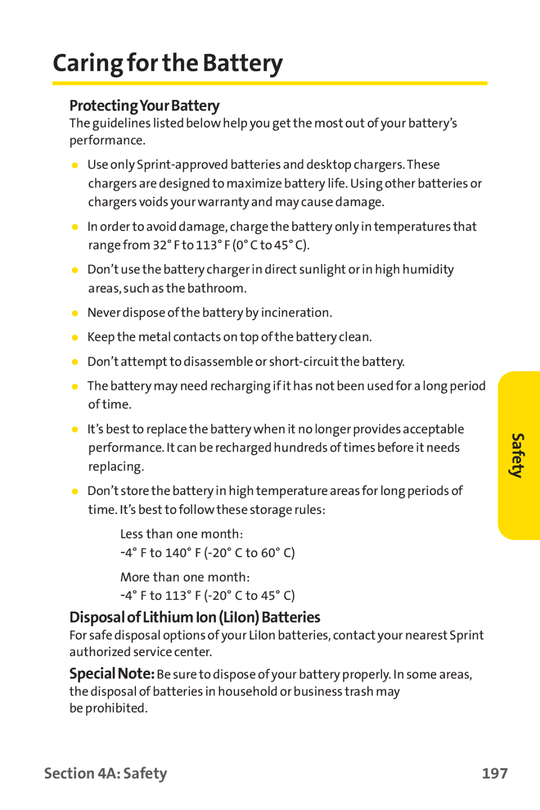 Sprint Nextel PM-225 manual Caring for the Battery, ProtectingYourBattery, DisposalofLithiumIonLiIonBatteries, Safety 197 