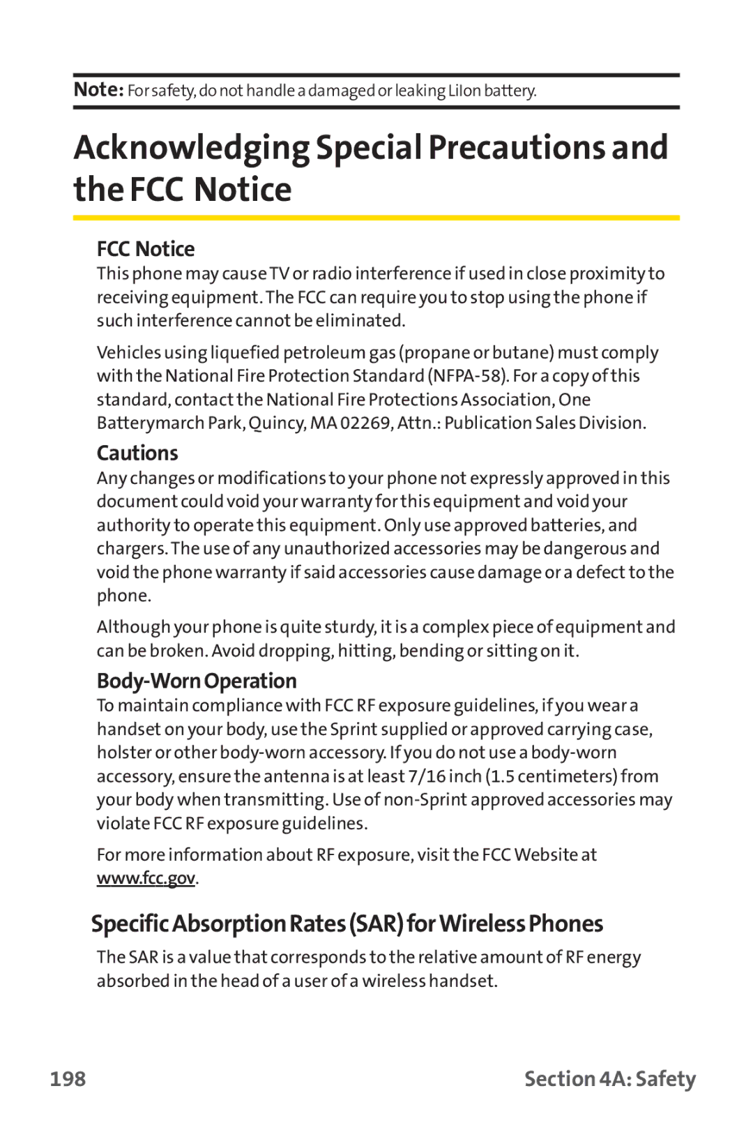 Sprint Nextel PM-225 Acknowledging Special Precautions and the FCC Notice, SpecificAbsorptionRatesSARforWirelessPhones 