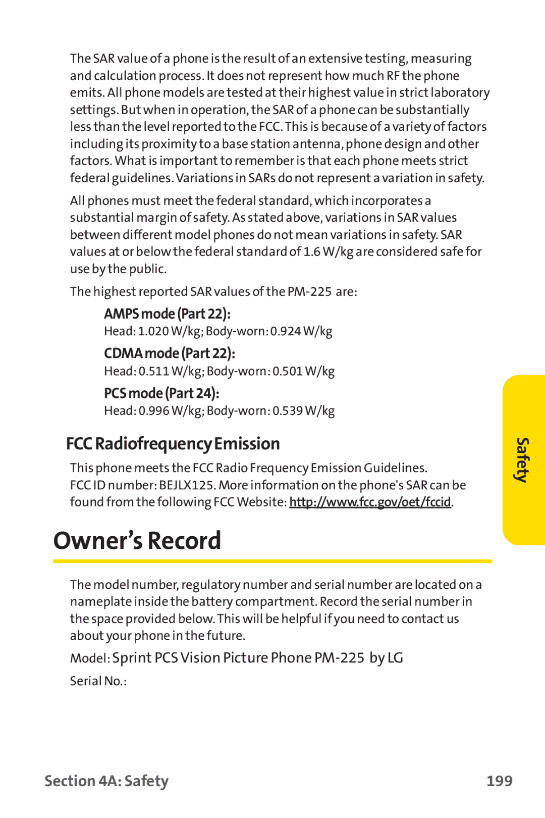 Sprint Nextel PM-225 manual Owner’s Record, FCCRadiofrequencyEmission, Safety 199 