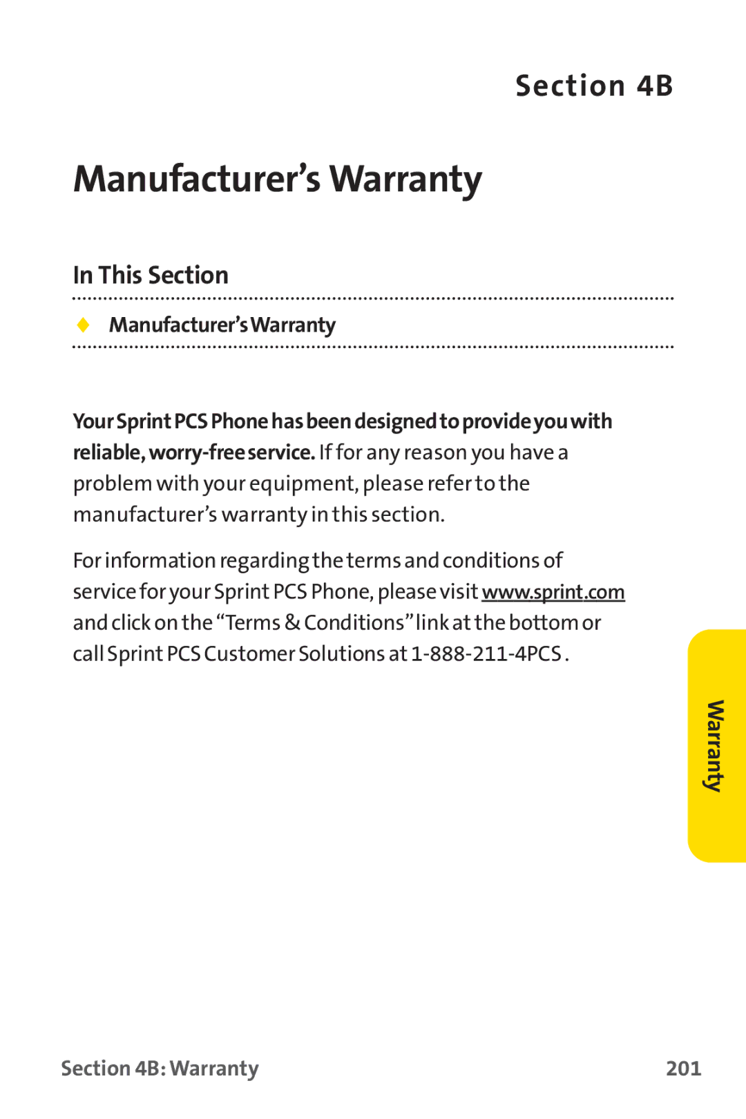 Sprint Nextel PM-225 manual Manufacturer’s Warranty, Manufacturer’sWarranty, Warranty 201 