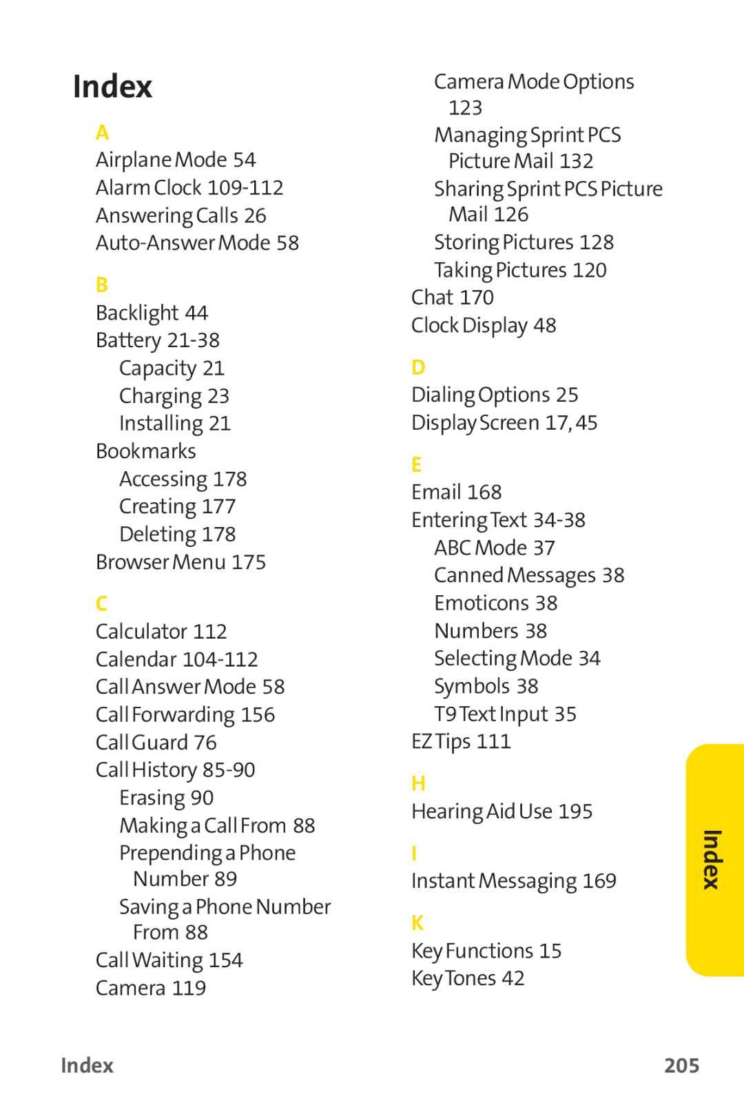 Sprint Nextel PM-225 manual Index 205 