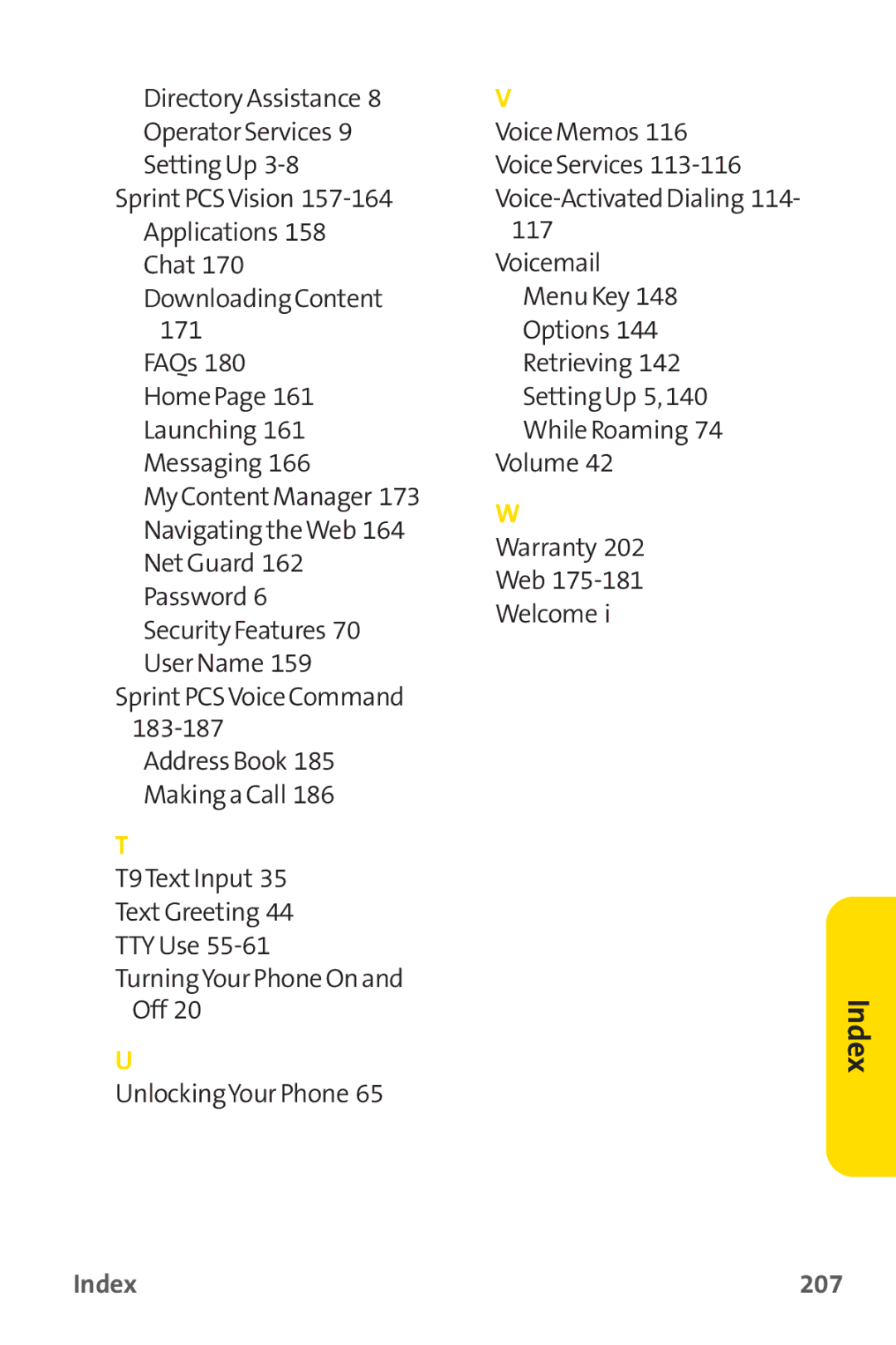 Sprint Nextel PM-225 manual Index 207 