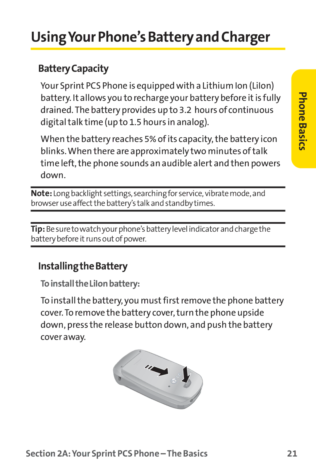 Sprint Nextel PM-225 manual BatteryCapacity, InstallingtheBattery, ToinstalltheLiIonbattery 