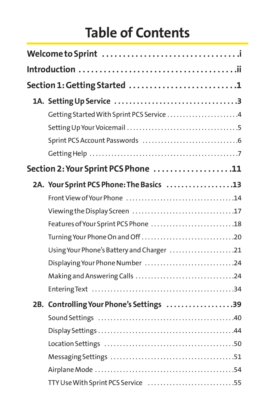 Sprint Nextel PM-225 manual Table of Contents 