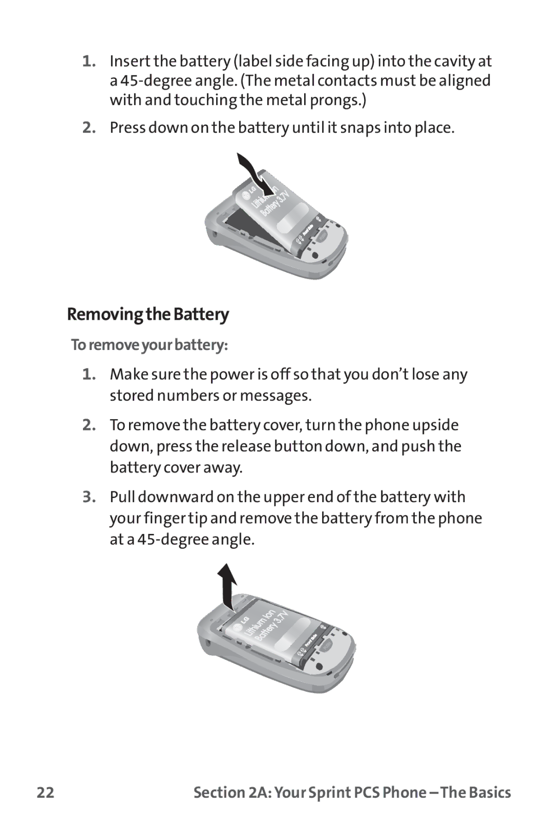 Sprint Nextel PM-225 manual RemovingtheBattery, Toremoveyourbattery 