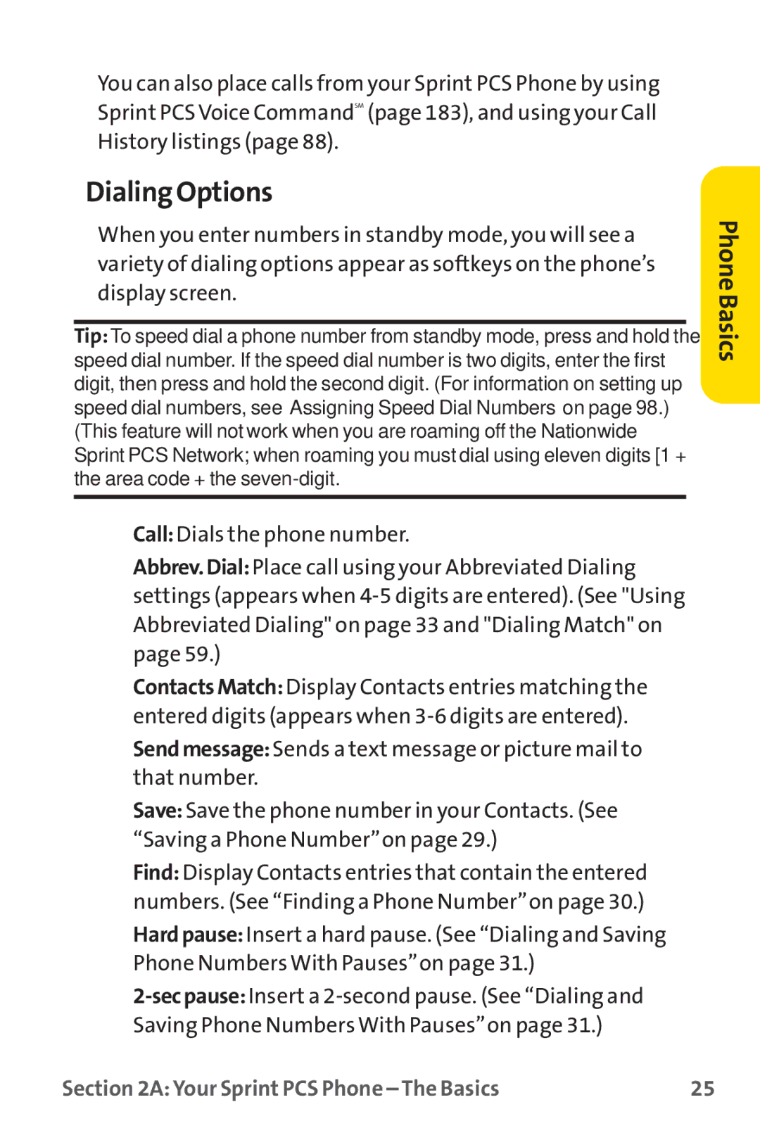 Sprint Nextel PM-225 manual Dialing Options 