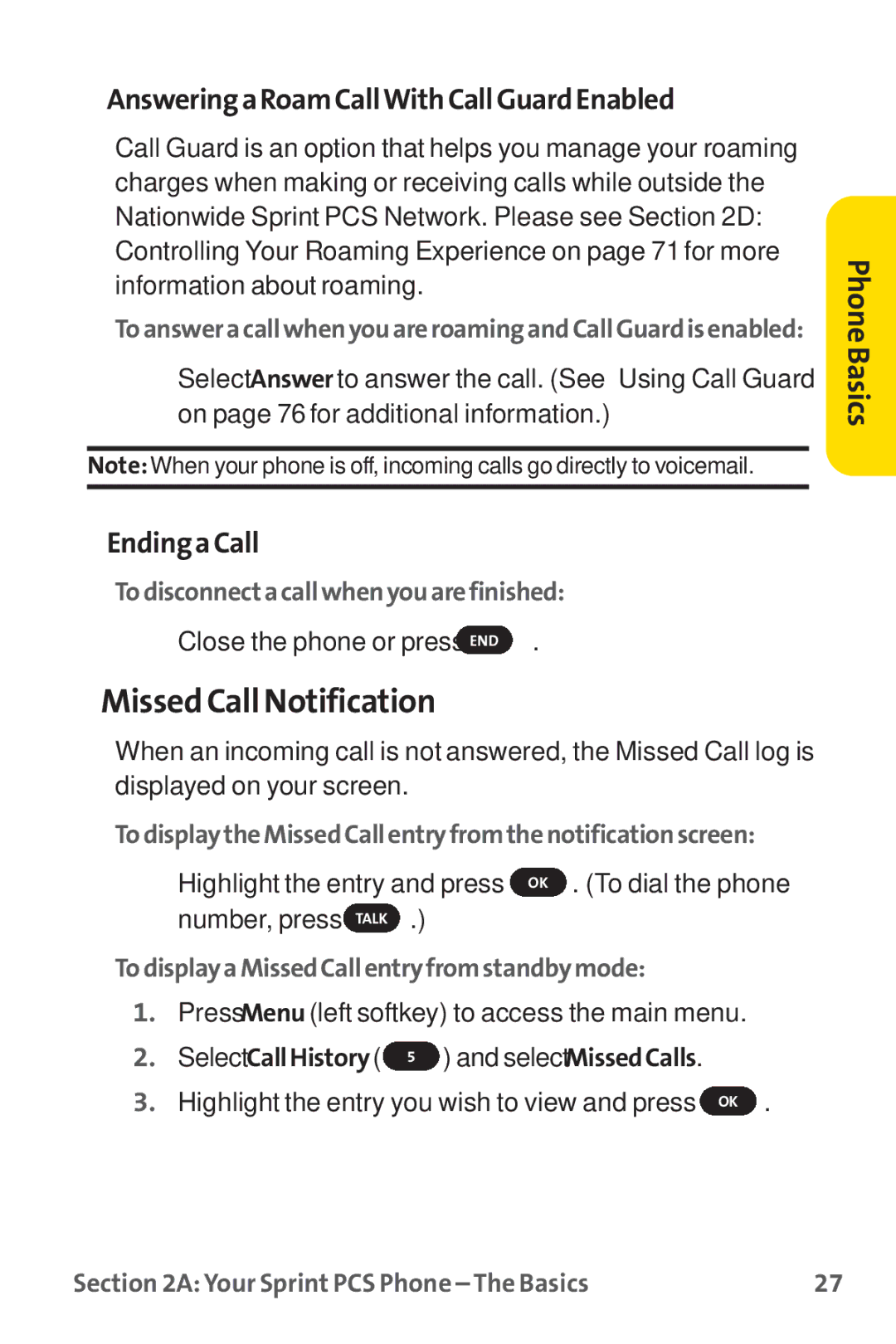 Sprint Nextel PM-225 manual Missed Call Notification, AnsweringaRoamCallWithCallGuardEnabled, EndingaCall 