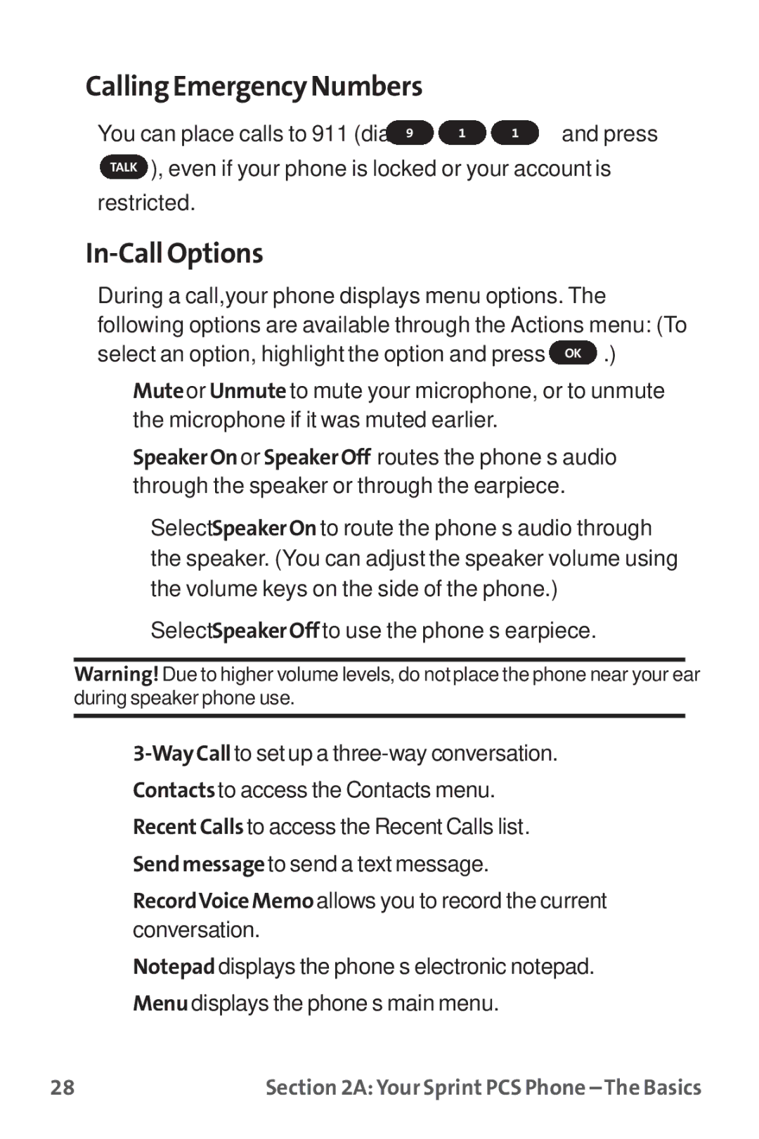 Sprint Nextel PM-225 manual Calling Emergency Numbers, In-Call Options 