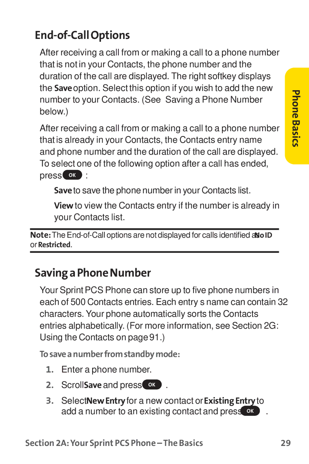 Sprint Nextel PM-225 manual End-of-Call Options, Savinga Phone Number, Tosaveanumberfromstandbymode 