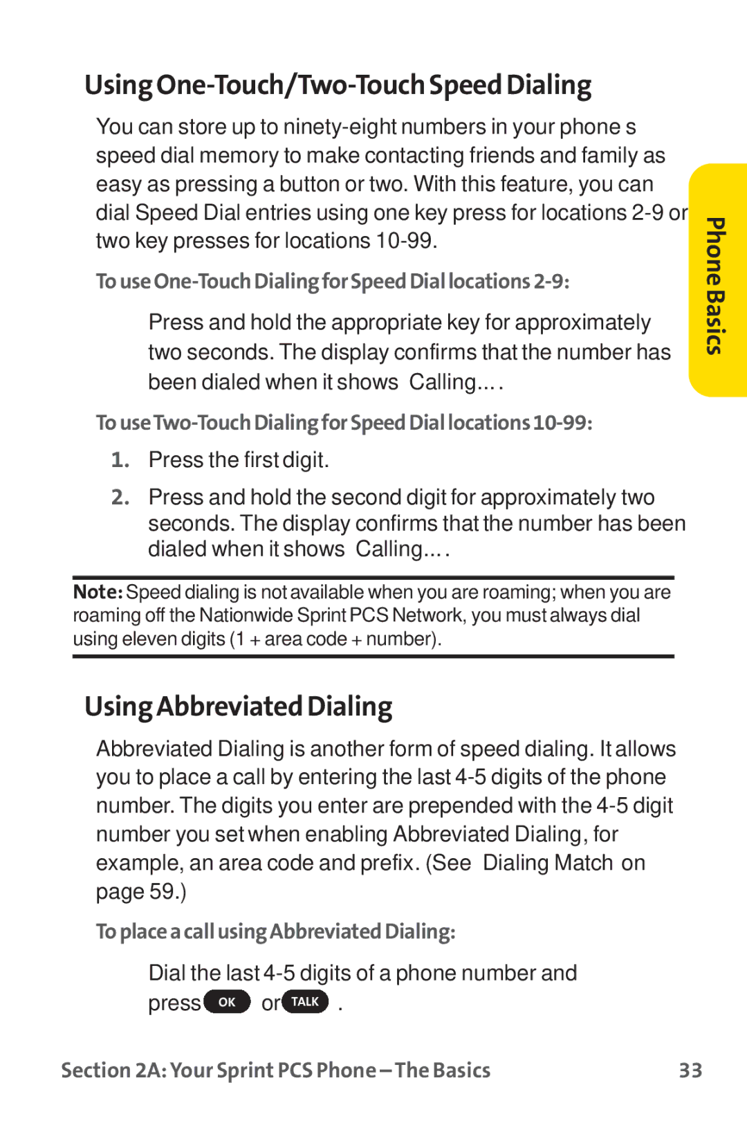 Sprint Nextel PM-225 manual Using One-Touch/Two-Touch Speed Dialing, Using Abbreviated Dialing 