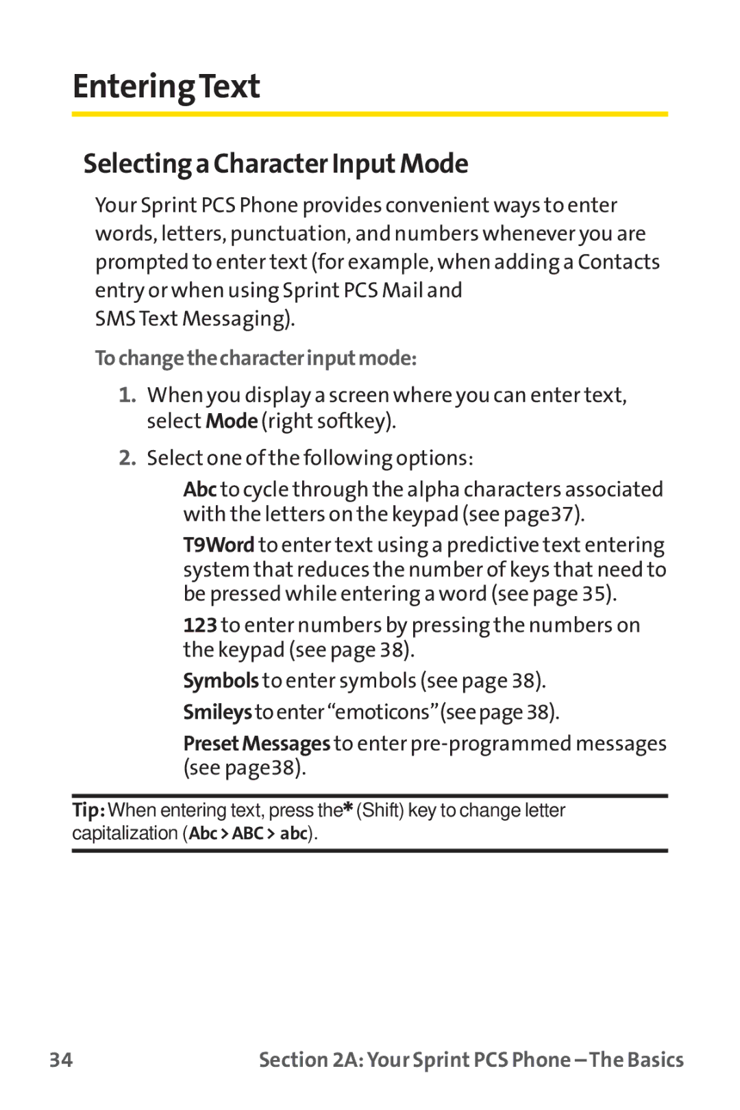 Sprint Nextel PM-225 manual EnteringText, Selectinga Character InputMode, Tochangethecharacterinputmode 