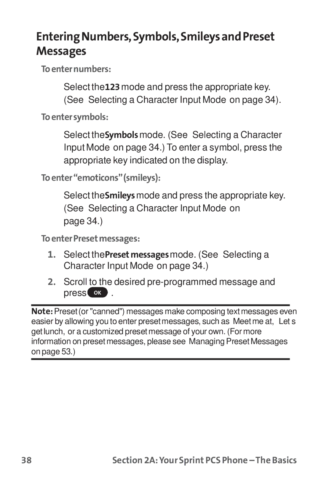 Sprint Nextel PM-225 manual Entering Numbers, Symbols, Smileys and Preset Messages, Toenternumbers, Toentersymbols 