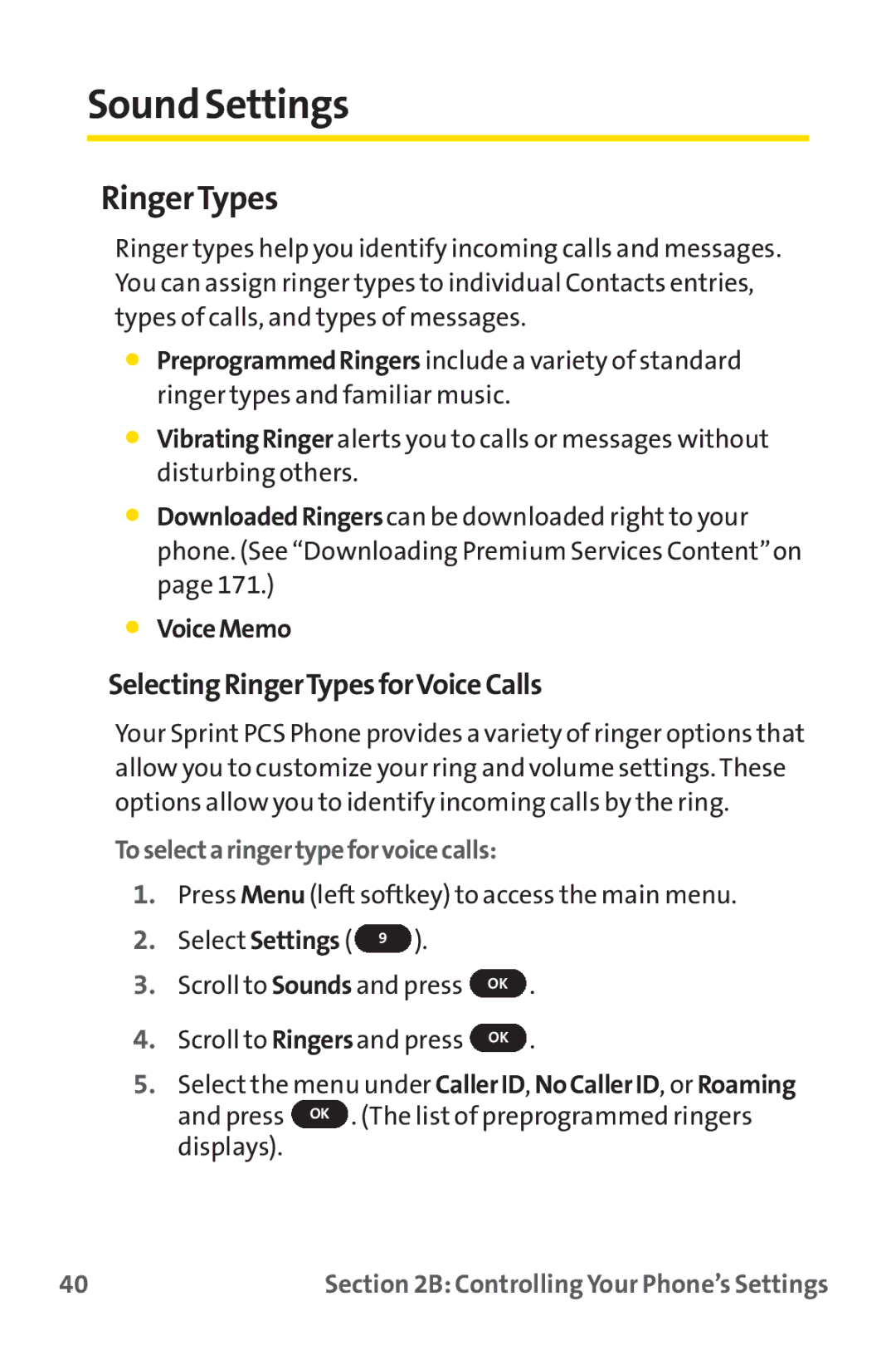 Sprint Nextel PM-225 Sound Settings, SelectingRingerTypesforVoiceCalls, VoiceMemo, Toselectaringertypeforvoicecalls 