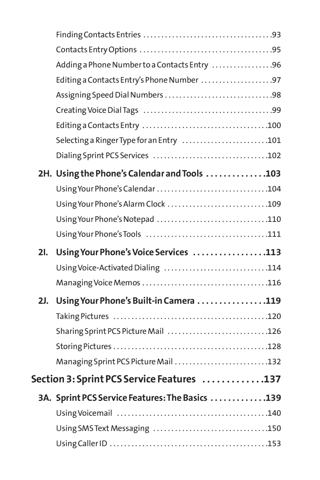 Sprint Nextel PM-225 137, 103, 113, 2J. Using Your Phone’s Built-in Camera, 3A. Sprint PCS Service Features The Basics 