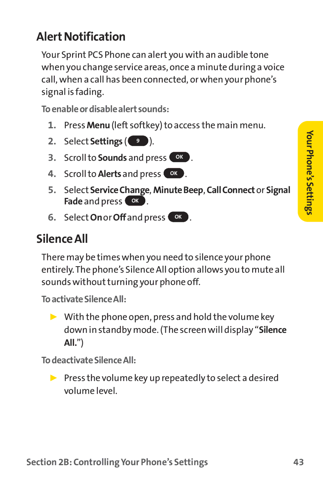 Sprint Nextel PM-225 manual Alert Notification, Silence All, Toenableordisablealertsounds, ToactivateSilenceAll 