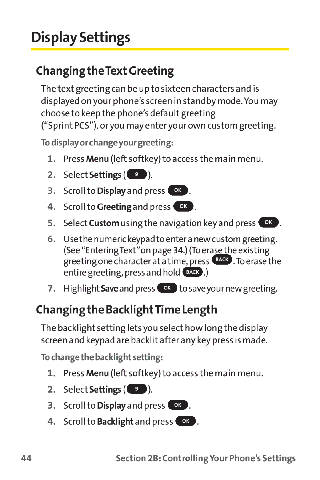 Sprint Nextel PM-225 manual Display Settings, Changing theTextGreeting, Changing the BacklightTime Length 