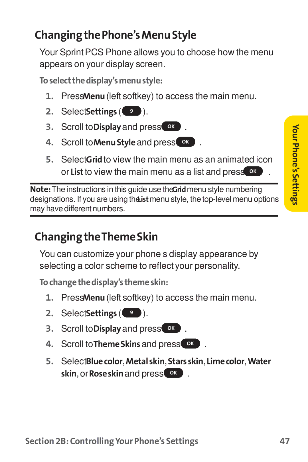 Sprint Nextel PM-225 manual Changing the Phone’s Menu Style, Changing theTheme Skin, Toselectthedisplay’smenustyle 