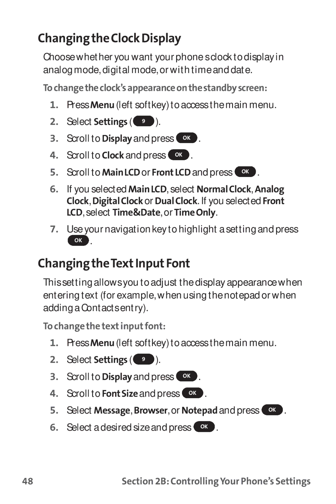 Sprint Nextel PM-225 Changing the Clock Display, Changing theTextInputFont, Tochangetheclock’sappearanceonthestandbyscreen 