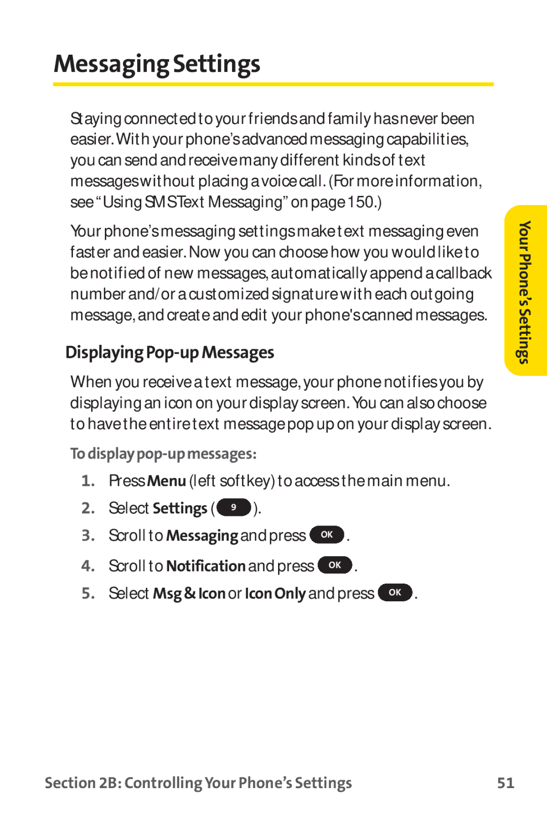 Sprint Nextel PM-225 manual Messaging Settings, DisplayingPop-upMessages, Todisplaypop-upmessages 