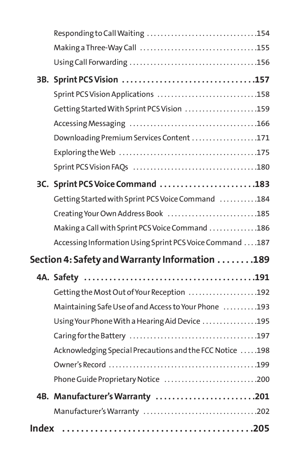 Sprint Nextel PM-225 manual 3B. Sprint PCS Vision, 3C. Sprint PCS Voice Command, 4A. Safety, 4B. Manufacturer’s Warranty 