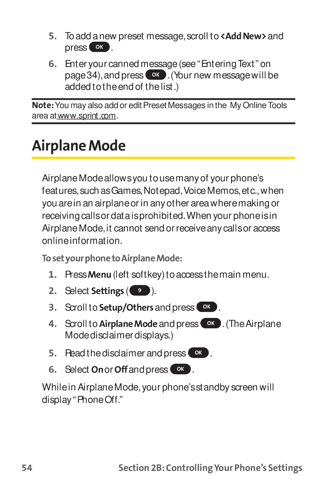 Sprint Nextel PM-225 manual Airplane Mode, TosetyourphonetoAirplaneMode 