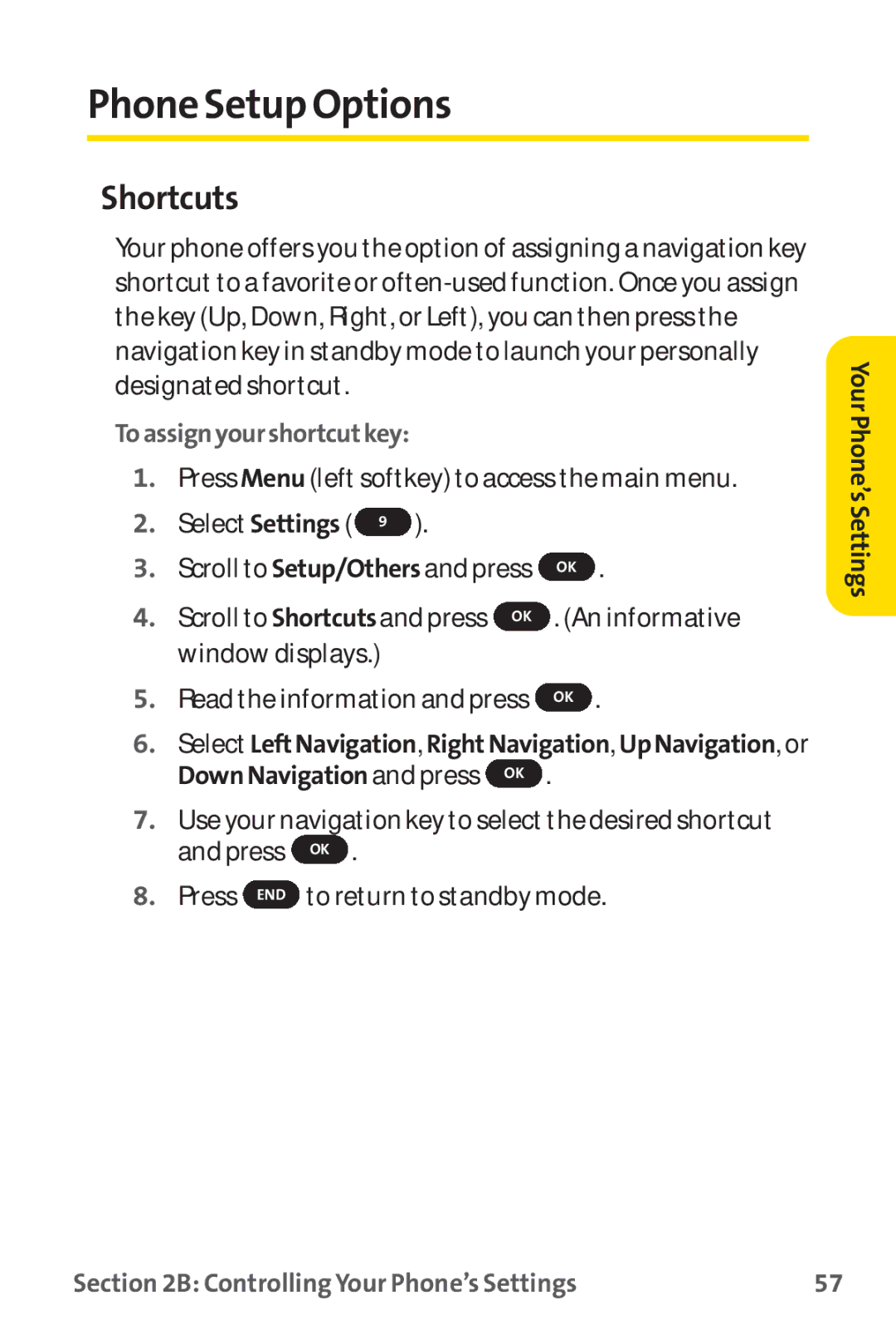 Sprint Nextel PM-225 manual Phone Setup Options, Shortcuts, Toassignyourshortcutkey, DownNavigation and press OK 