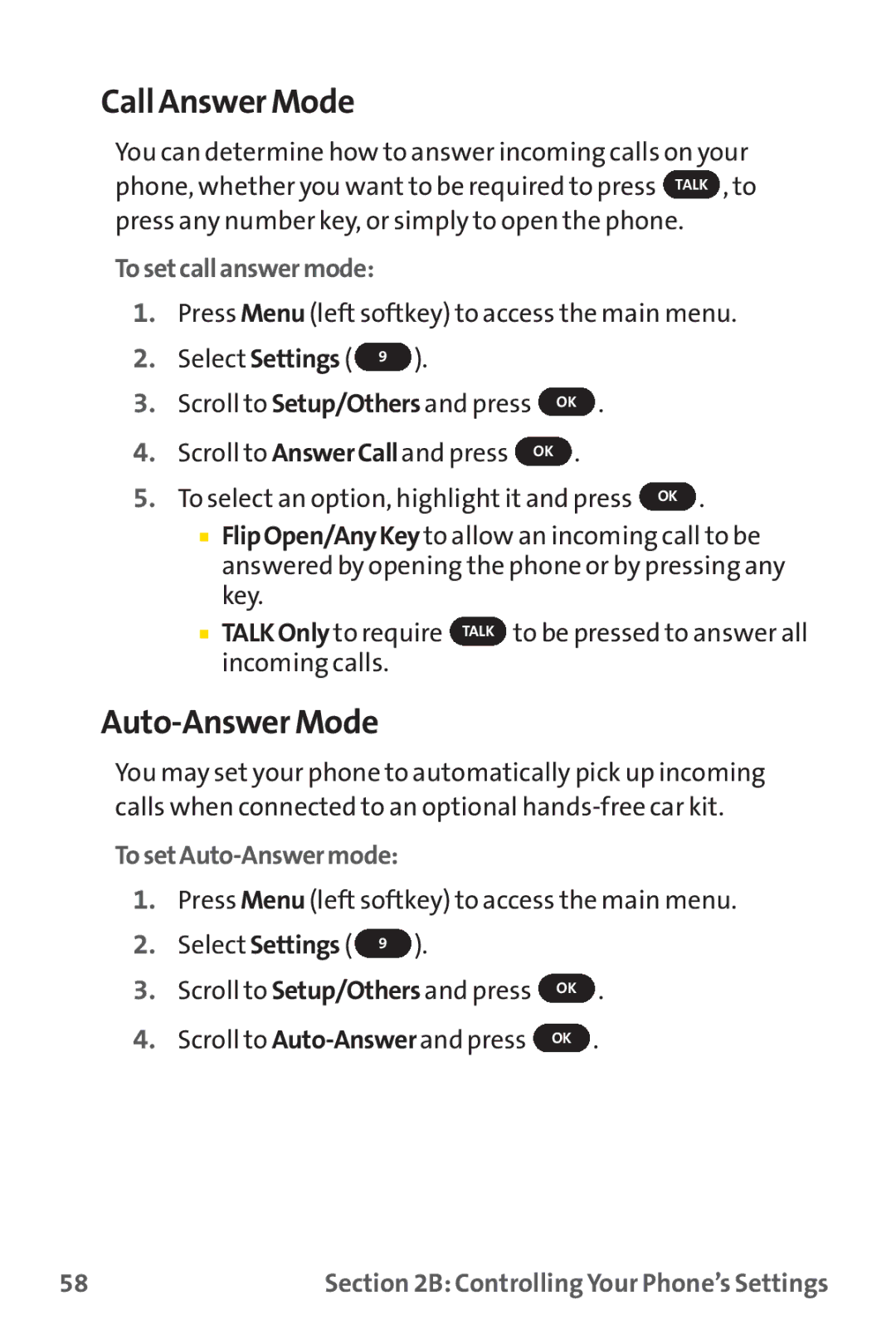 Sprint Nextel PM-225 manual Call Answer Mode, Auto-Answer Mode, Tosetcallanswermode, TosetAuto-Answermode 